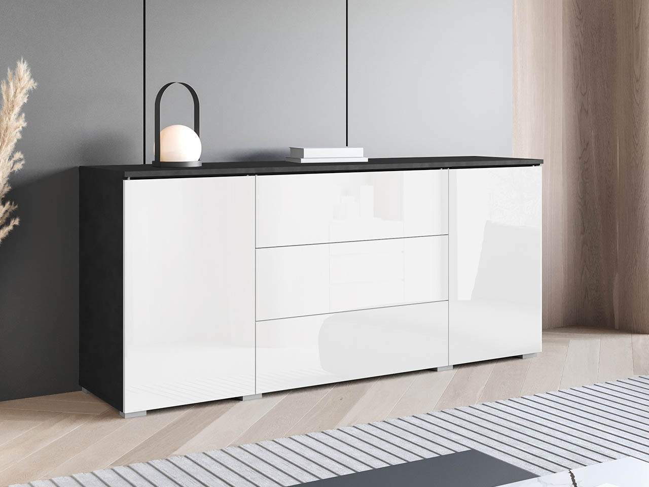 Ladekast Mirfivo 102 (Matera grijs + Glanzend wit)