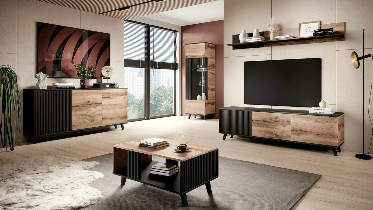 Dressoir Luelia 120 (Zwart + Wotan eik)