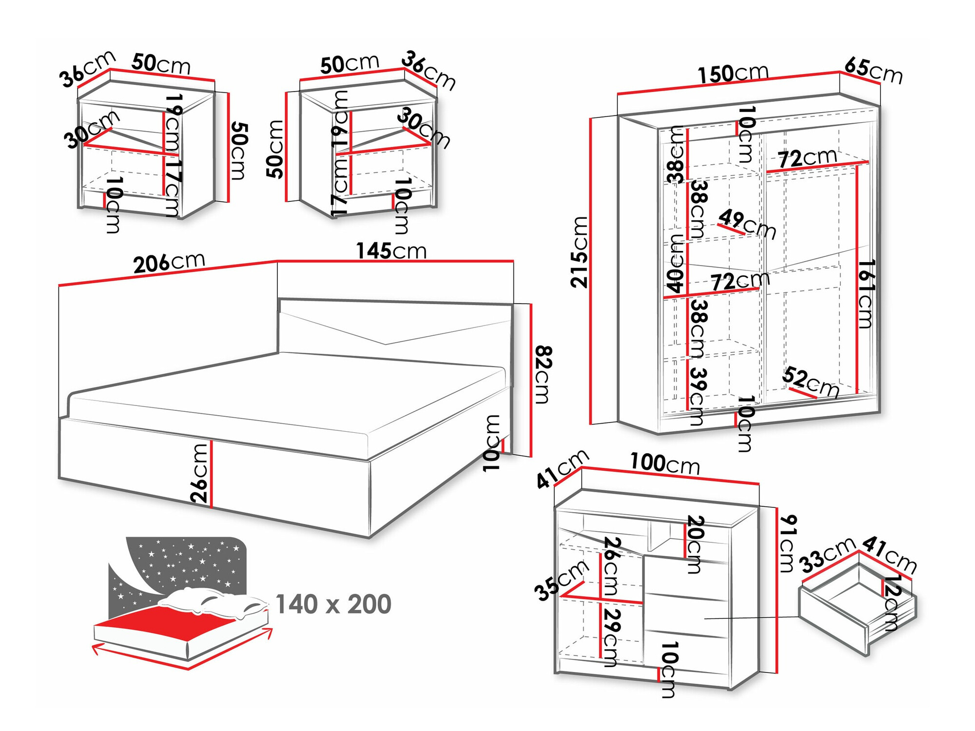 Slaapkamer set Tenreme 108 (Eiken + Zwart)
