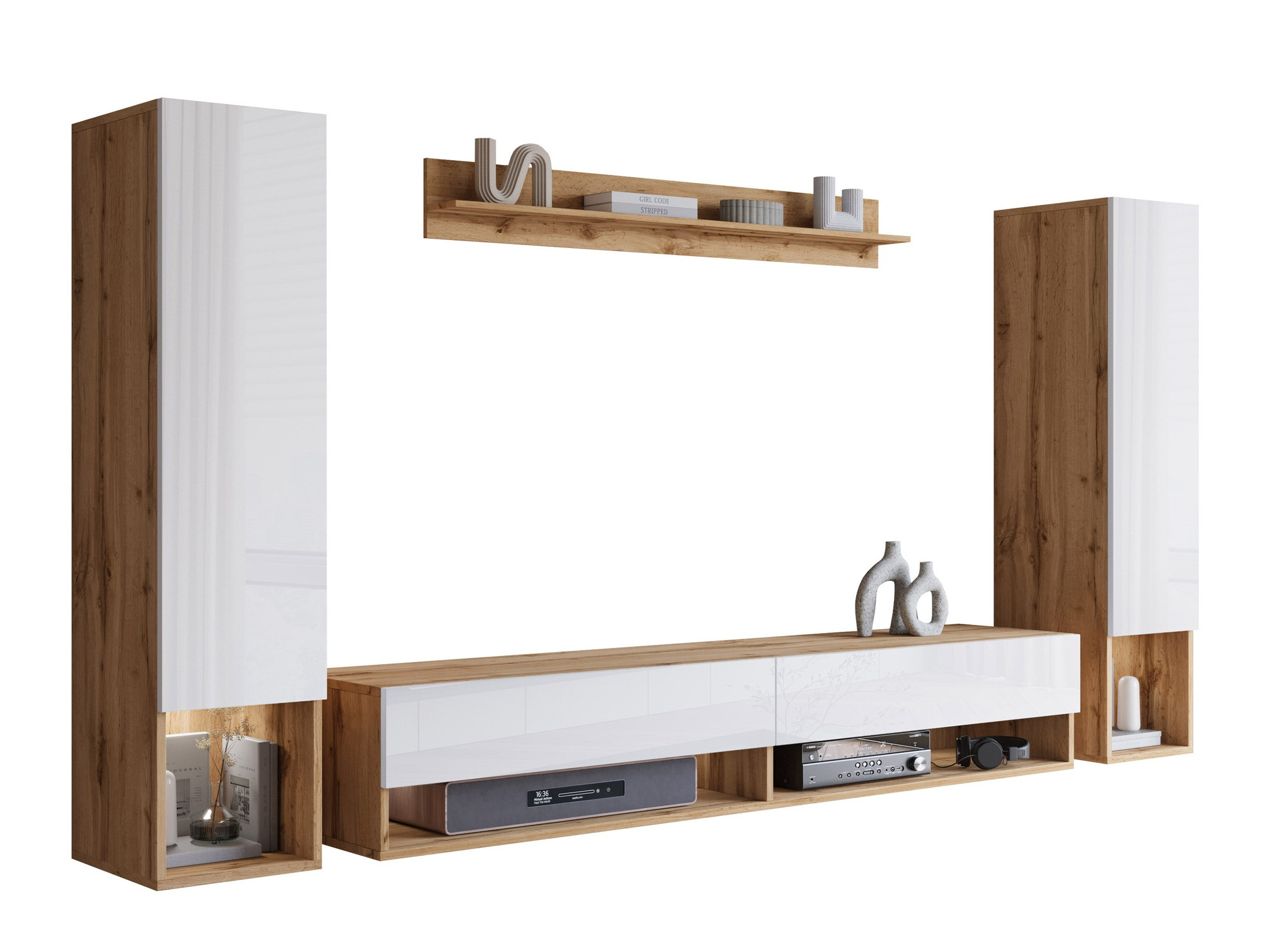 Woonkamerset Sarasota 176 (Wotan eik + Glanzend wit)