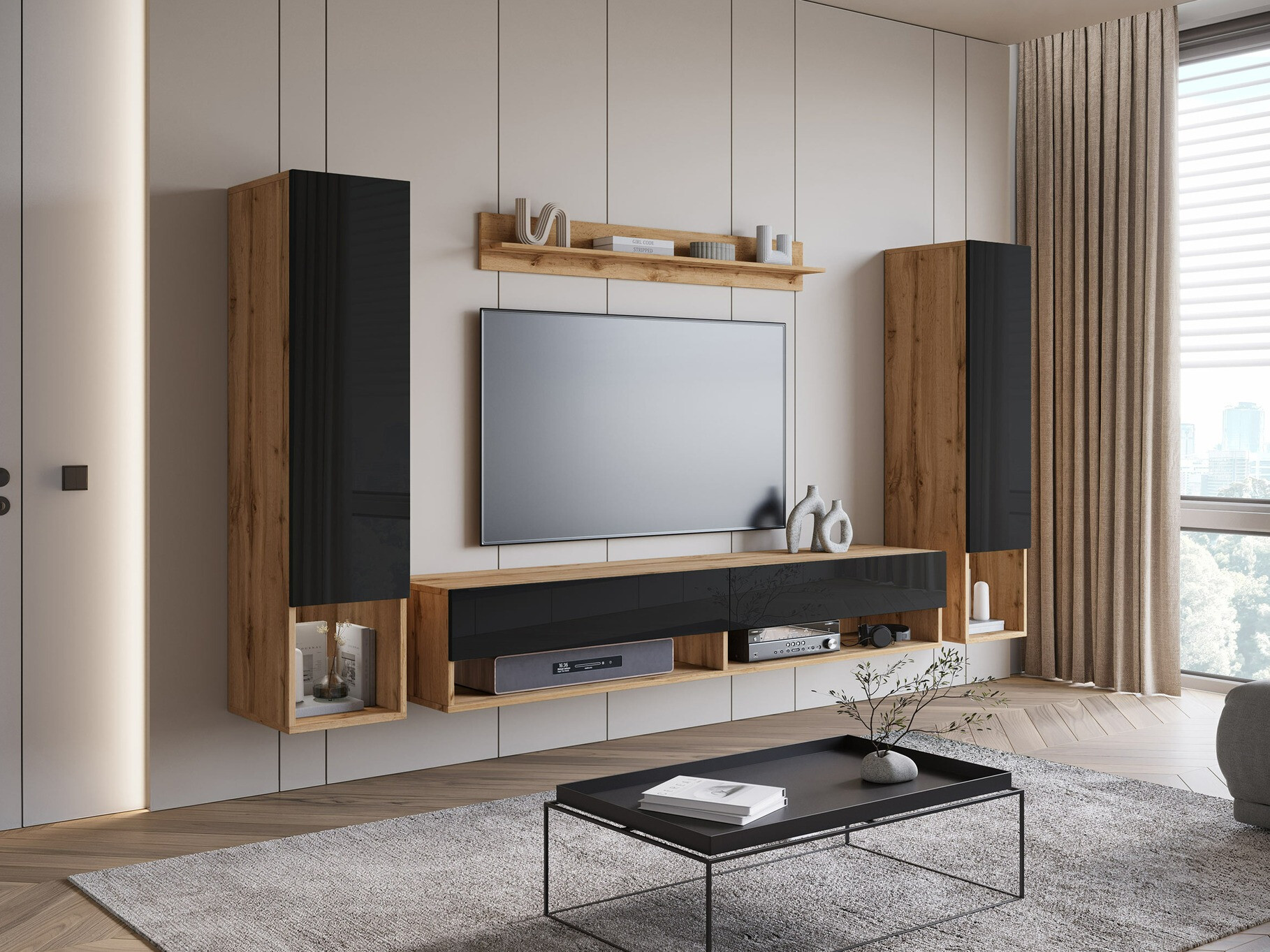 Woonkamerset Sarasota 176 (Wotan eik + Glanzend zwart)