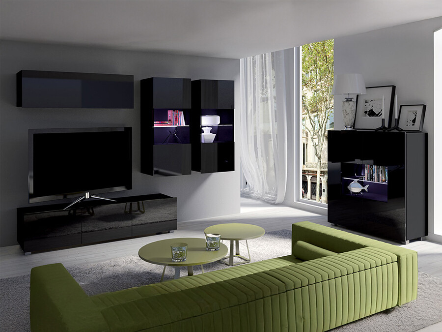 Woonkamerset Tivdalu 110 (Zwart + Glanzend zwart)