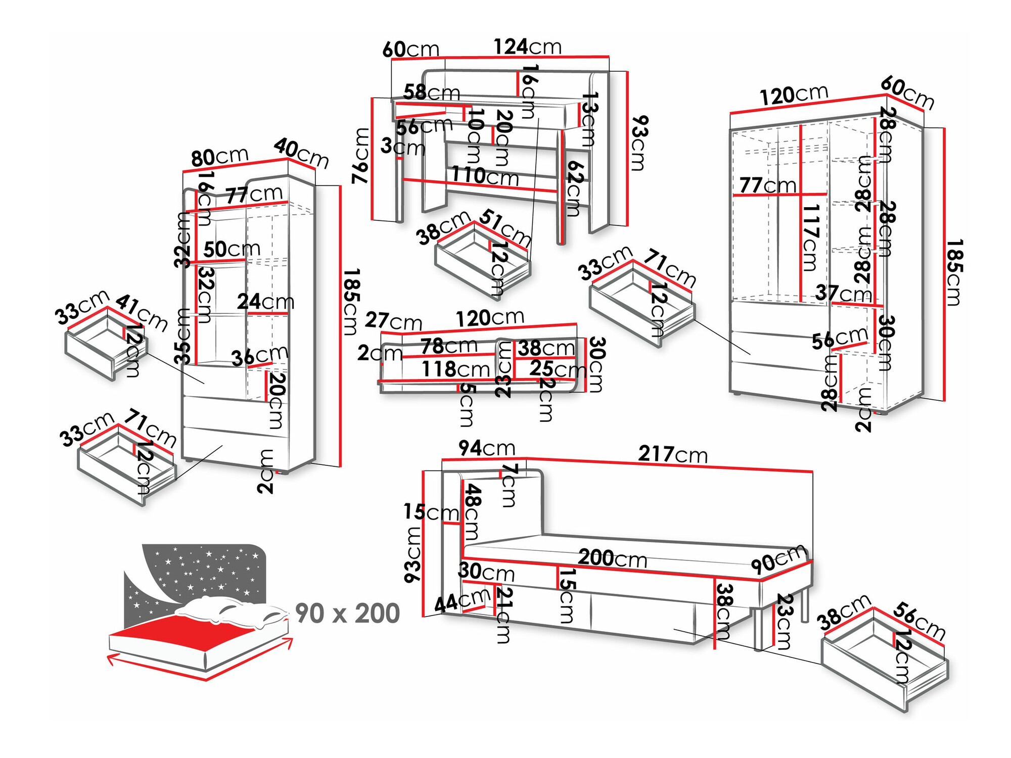 De reeks van de kinderkamer Domcali 116 (Coral + Eiken)