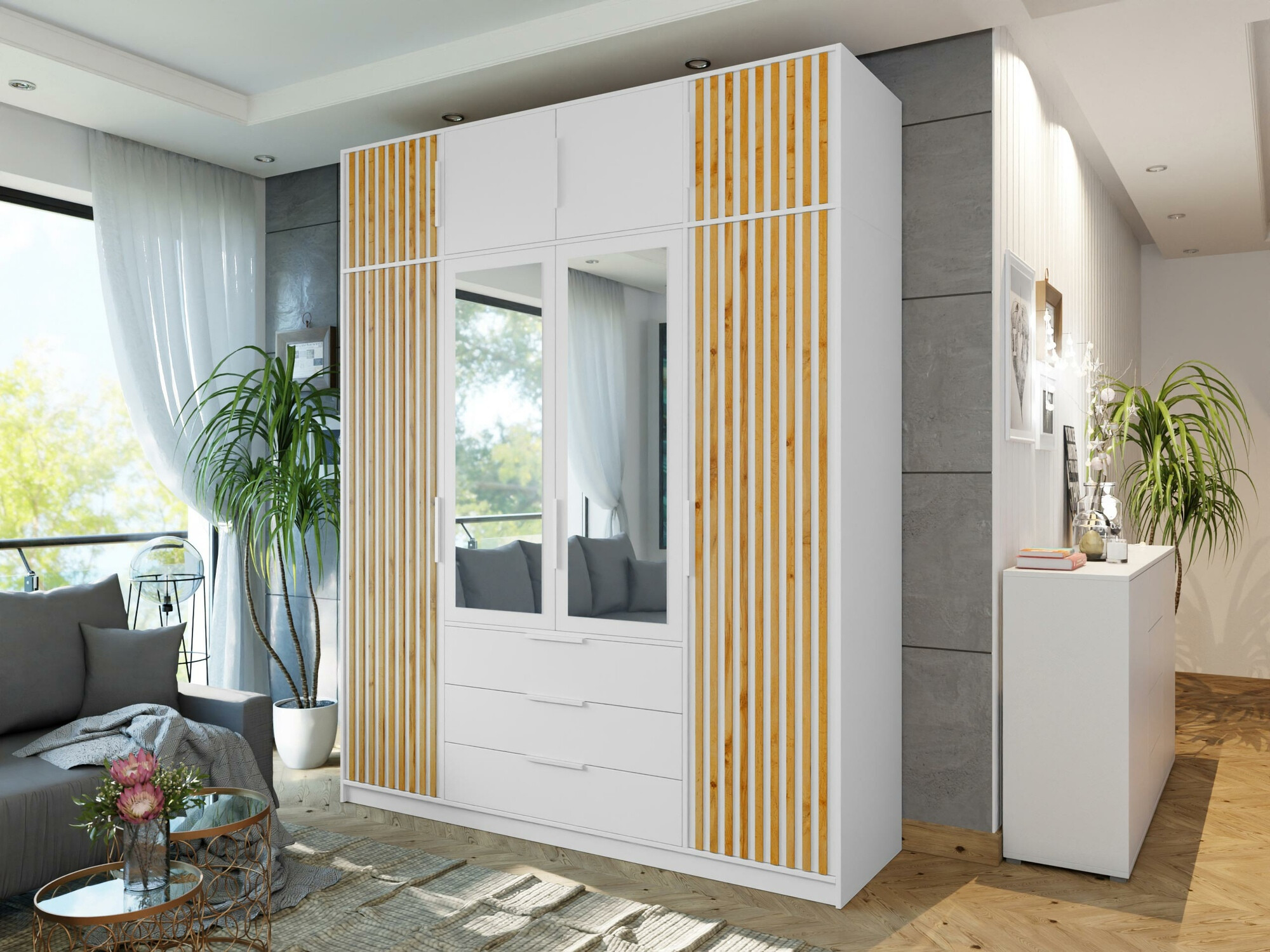 Kledingkast Enolevo 108 (Wit + Wotan eik)