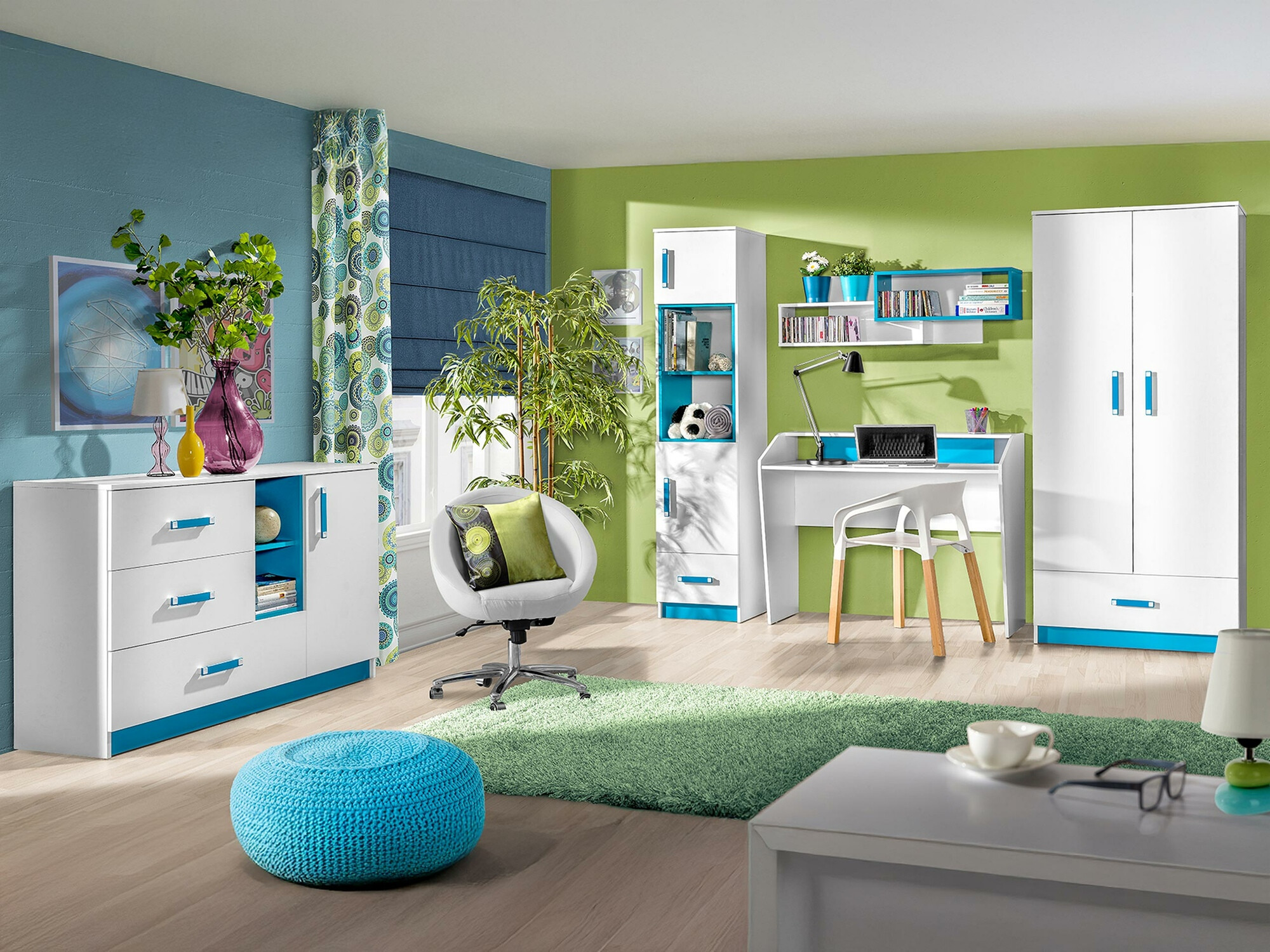 De reeks van de kinderkamer Sorviru 107 (Wit + Turquoise)