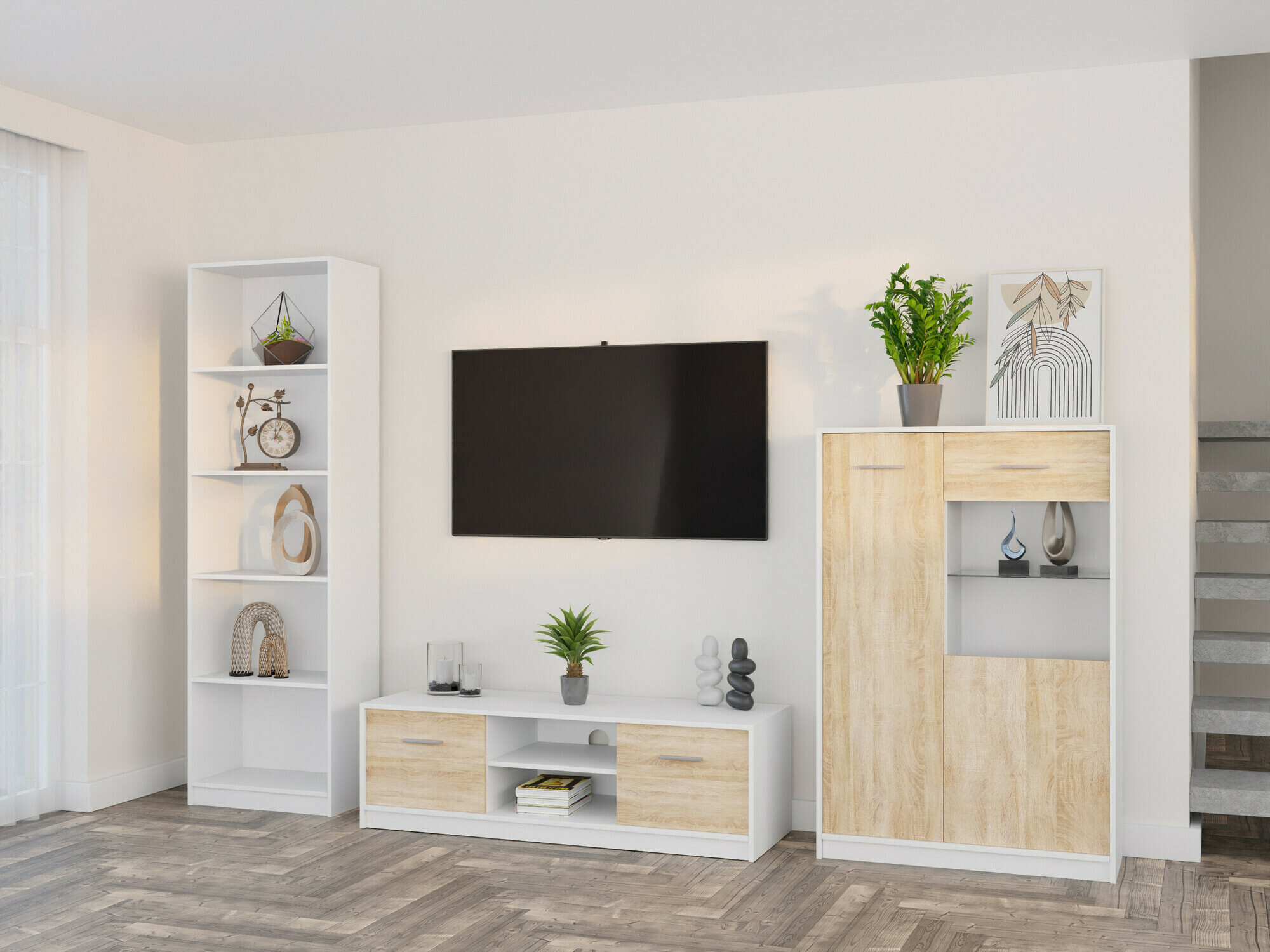 Woonkamerset Novsore 164 (Wit + Sonoma eik)