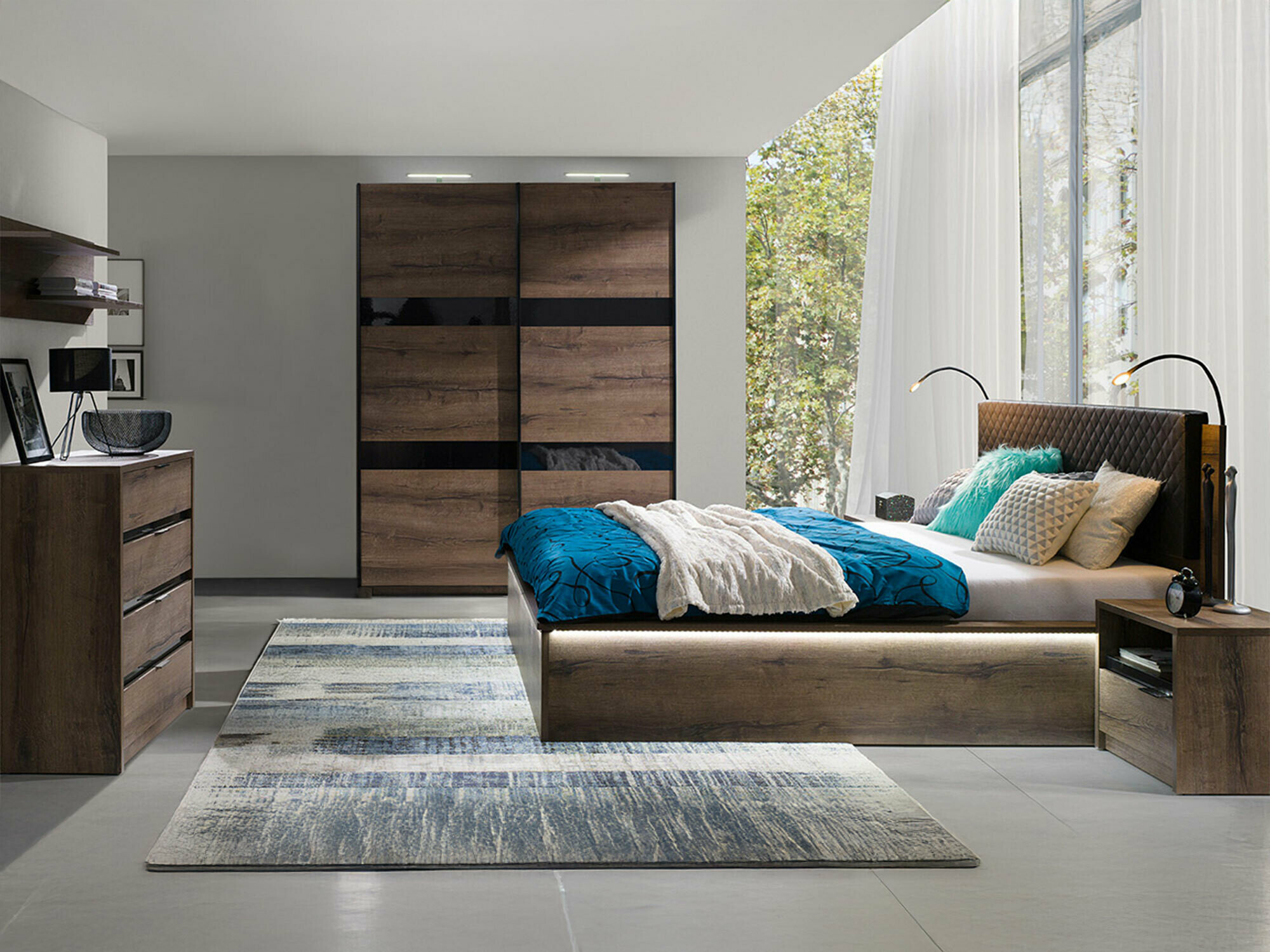 Slaapkamer set Fivelbo 121 (Klooster eik + Glanzend zwart)