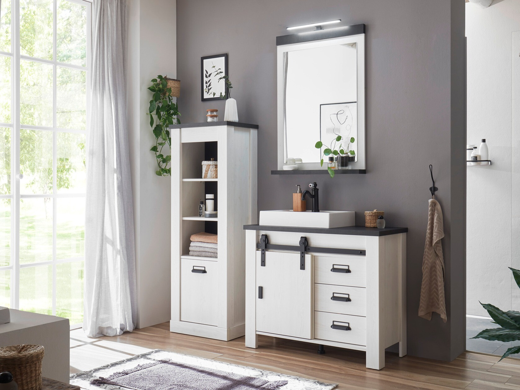 Staand badkamermeubel voor een wastafel Cirtale 133 (Gebleekt grenen + Antraciet)