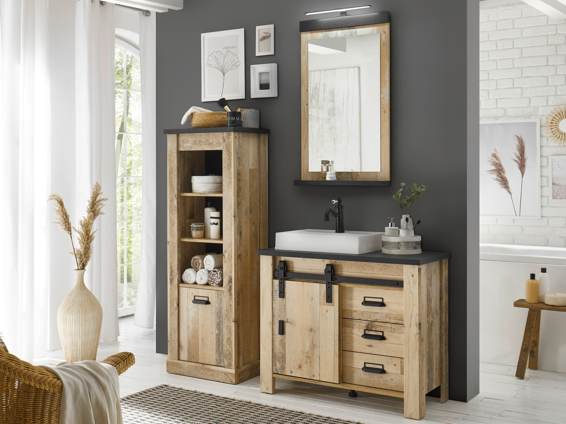 Staand badkamermeubel voor een wastafel Cirtale 133 (Verouderd hout + Antraciet)