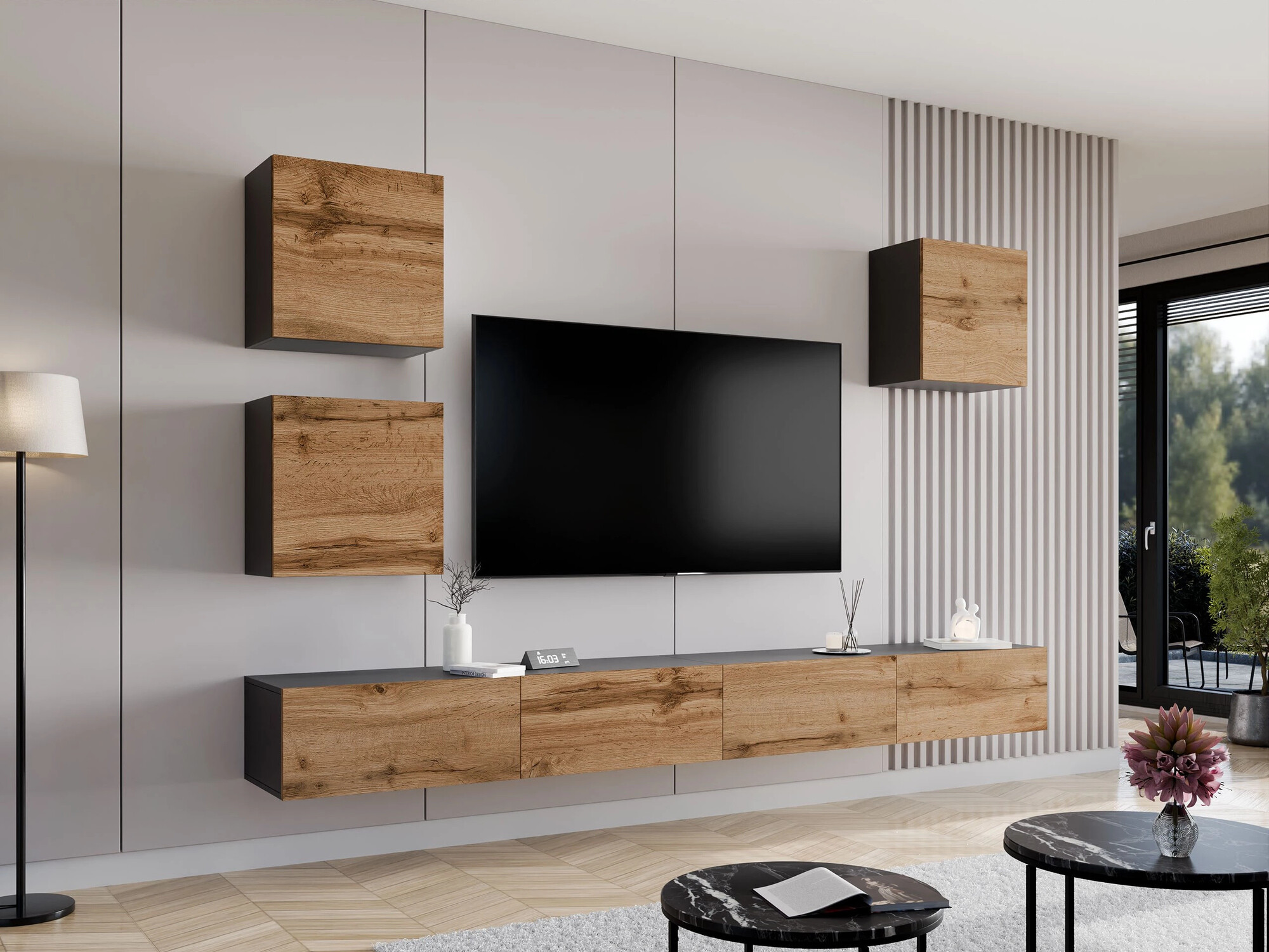 Wandkast Venenou 127 (Zwart + Wotan eik)