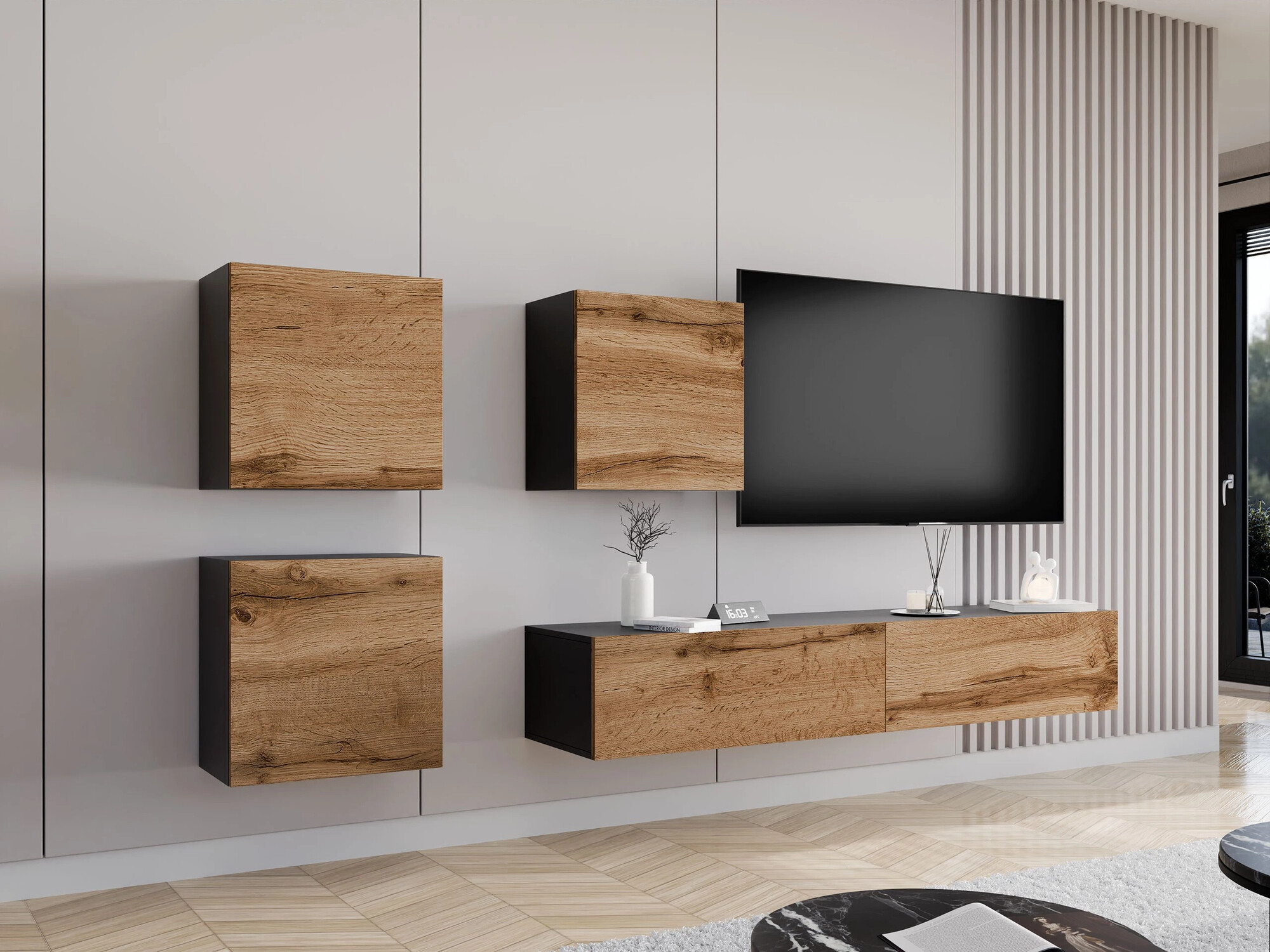 Woonkamerset Venenou 109 (Zwart + Wotan eik)