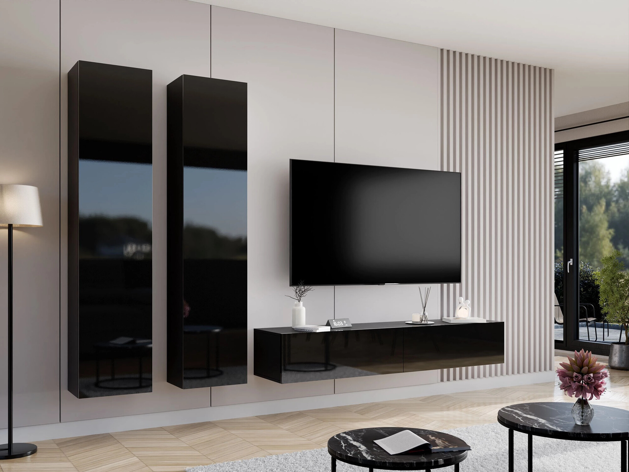 Woonkamerset Vilrin II (Zwart + Glanzend zwart)