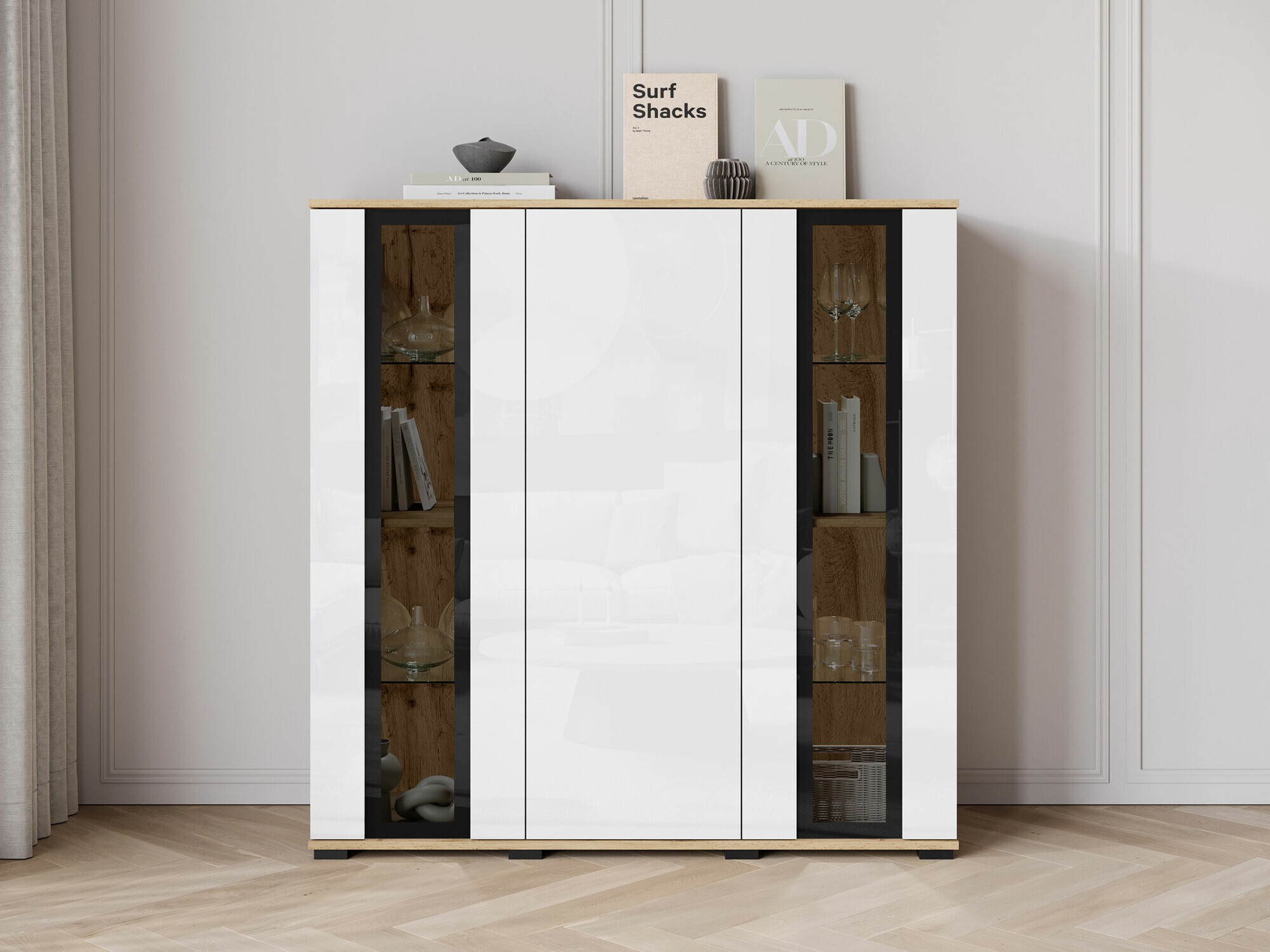 Dressoir Torcame 100 (Wotan eik + Glanzend wit)