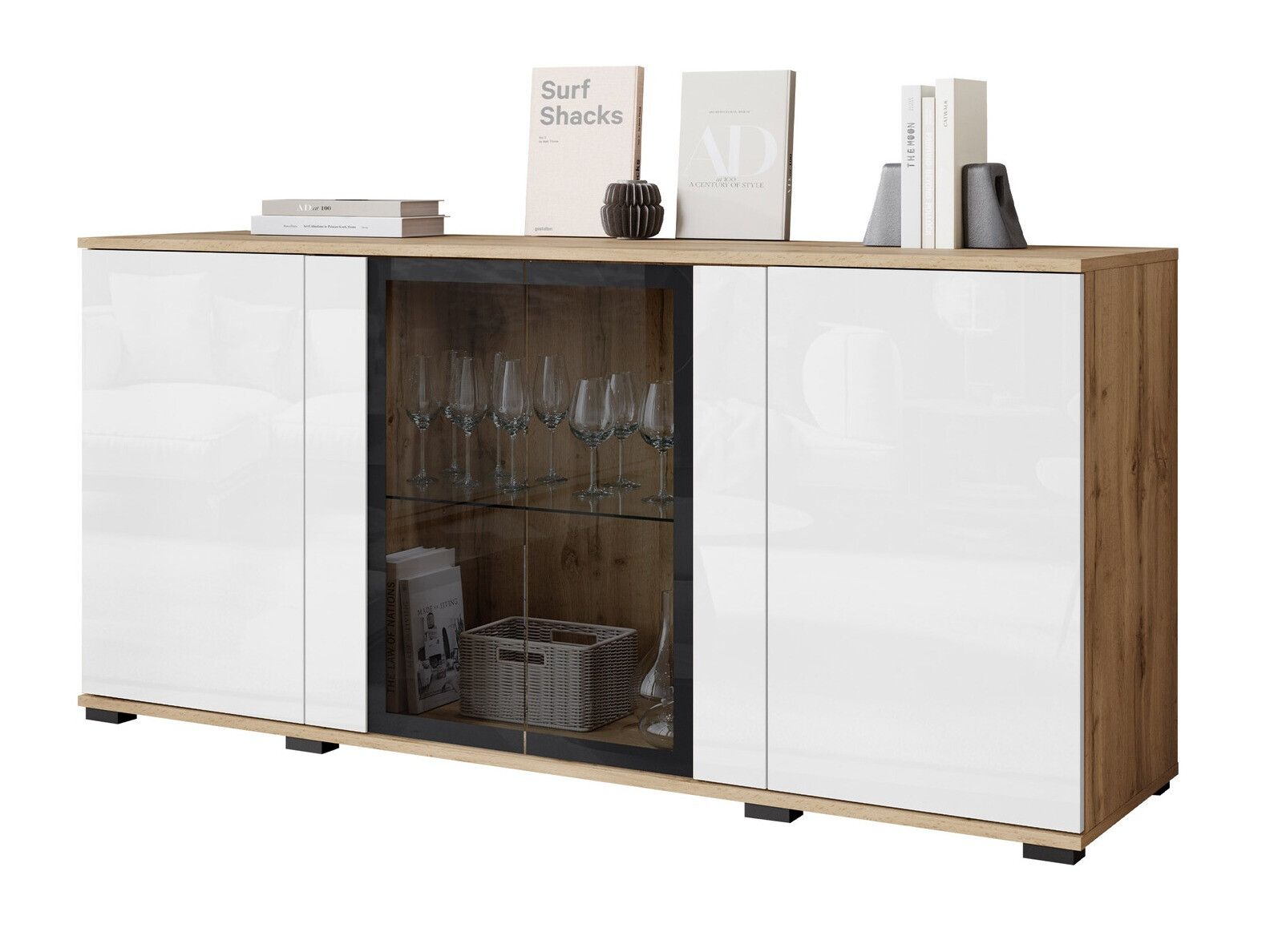 Dressoir Torcame 102 (Wotan eik + Glanzend wit)