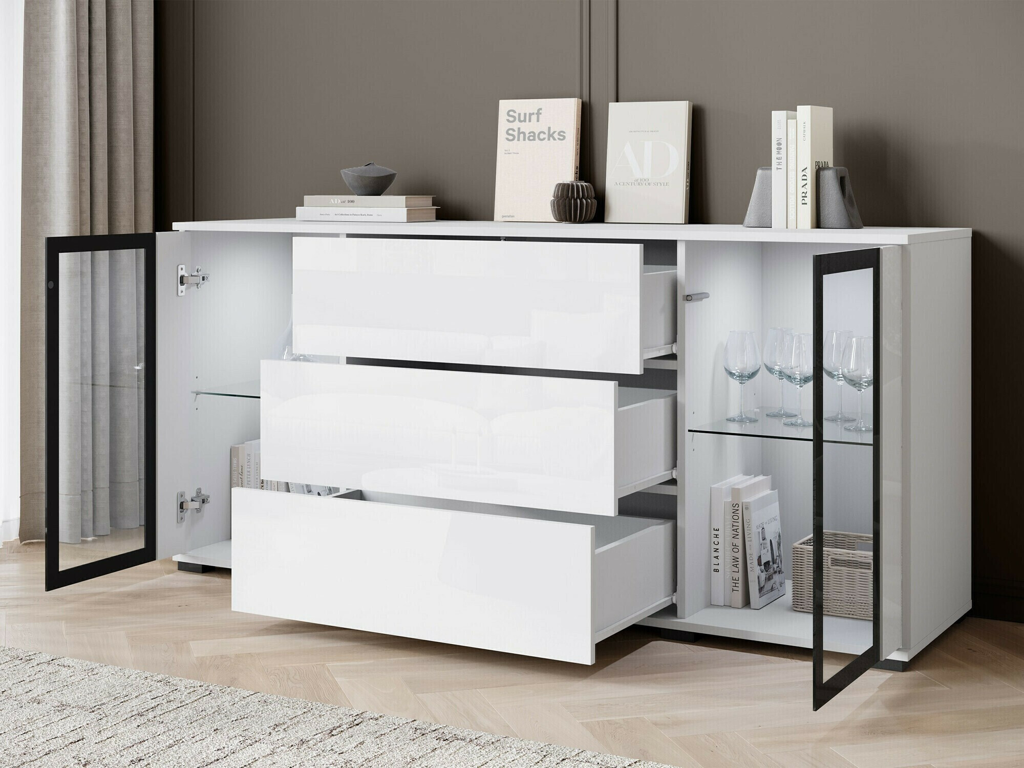 Ladekast Torcame 101 (Wotan eik + Glanzend wit)