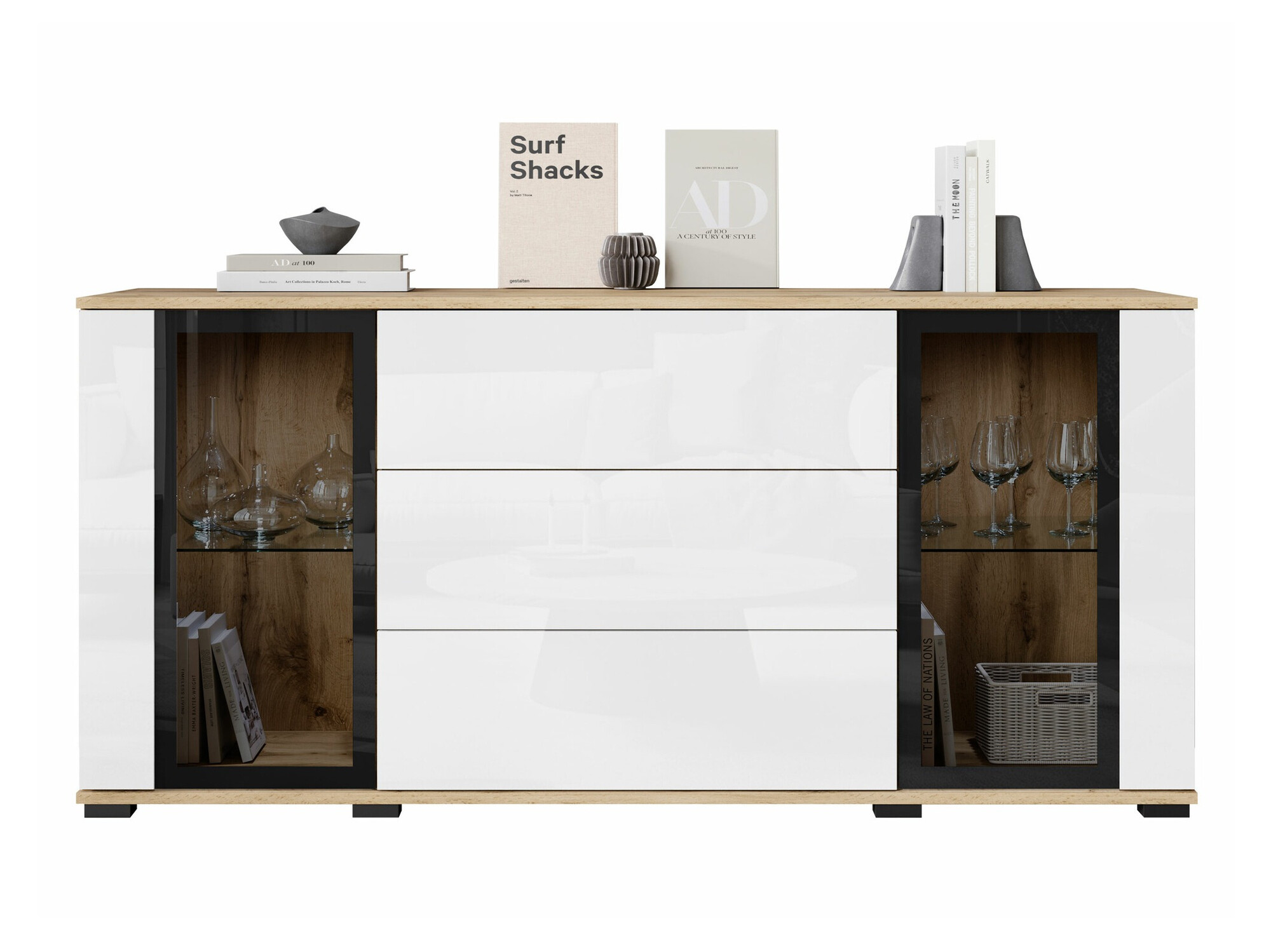 Ladekast Torcame 101 (Wotan eik + Glanzend wit)