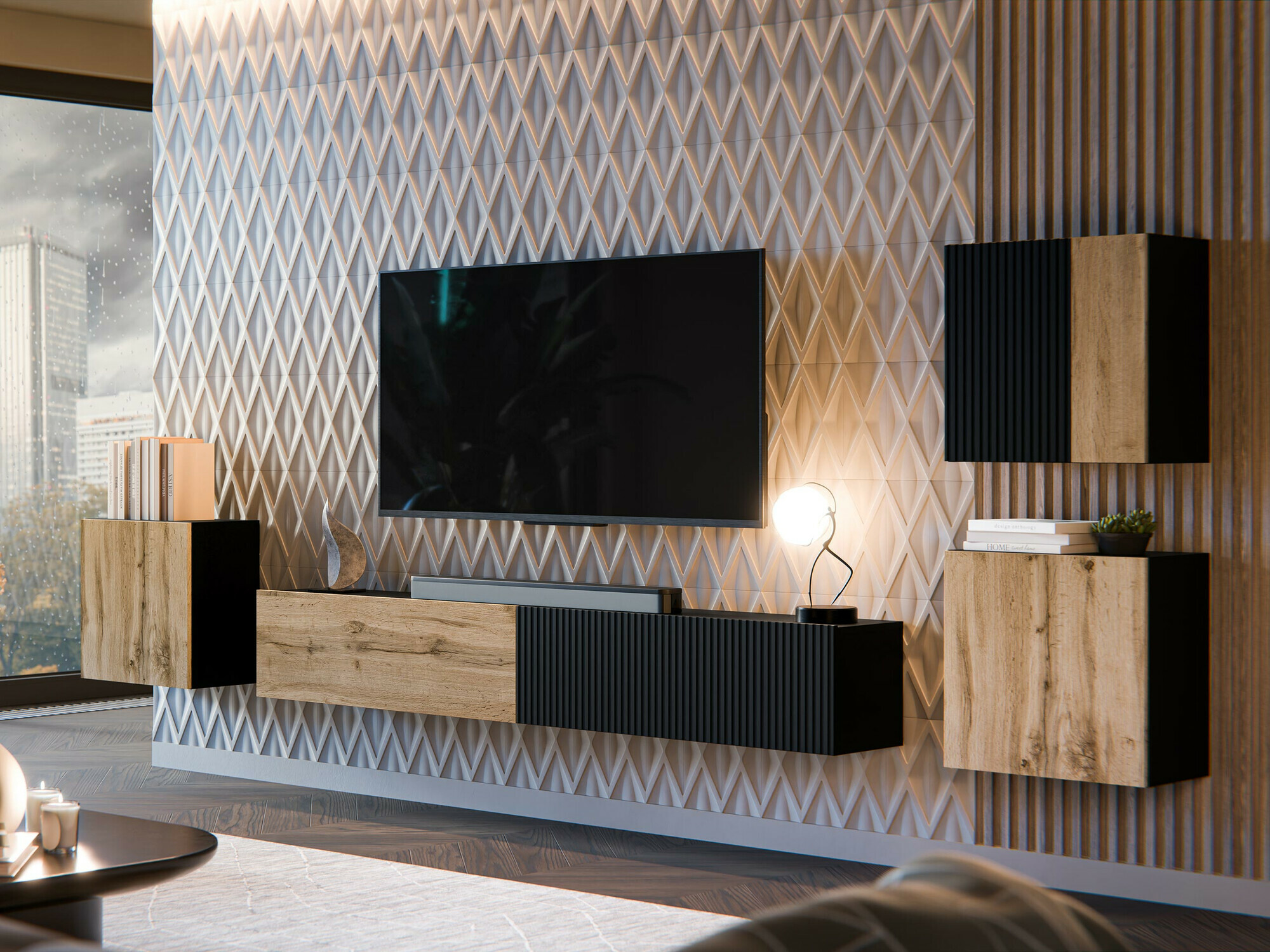 Woonkamerset Calveru 108 (Zwart + Wotan eik)