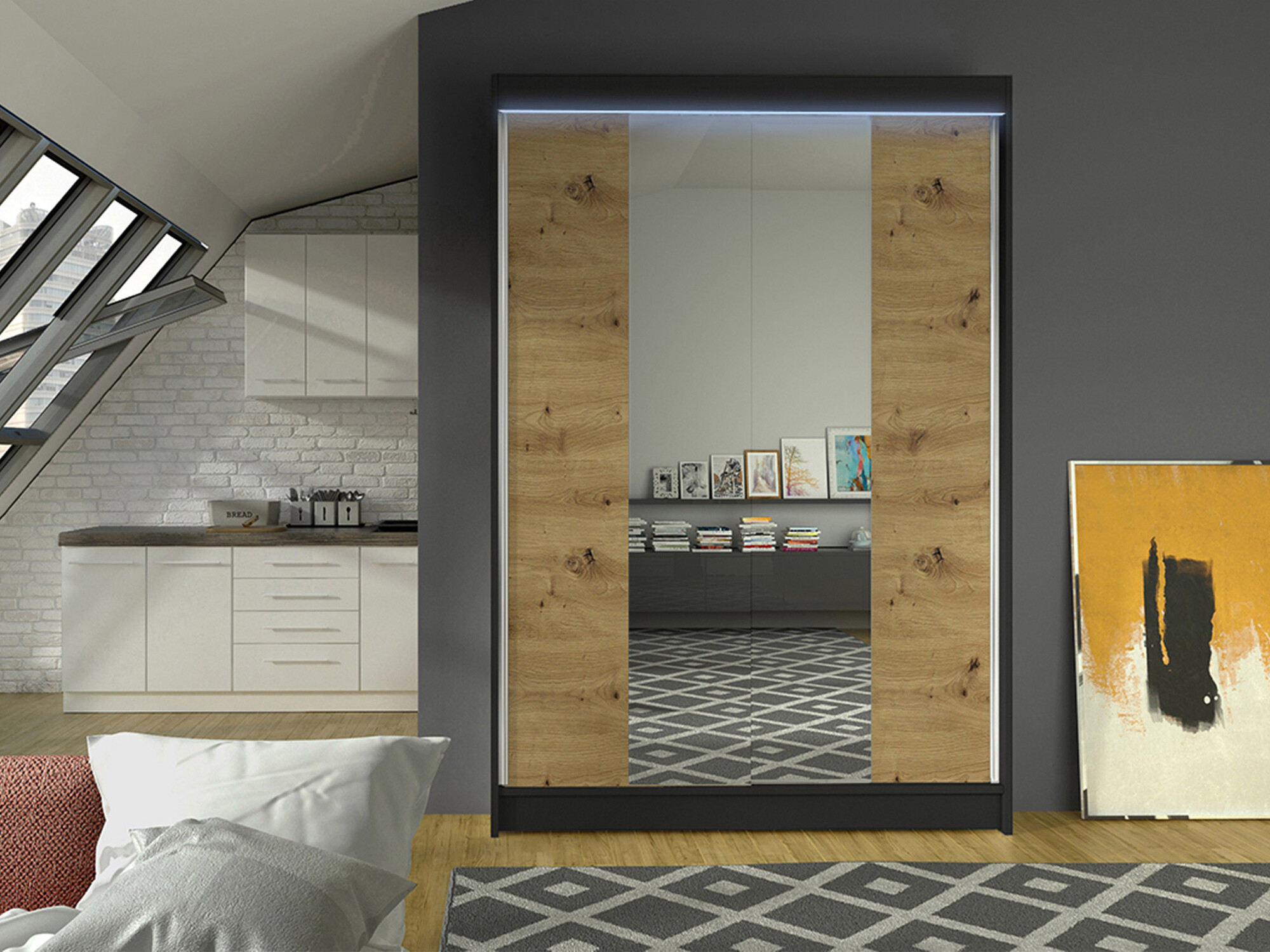 Kledingkast Closico Salvor II (Zwart + Artisan eiken)