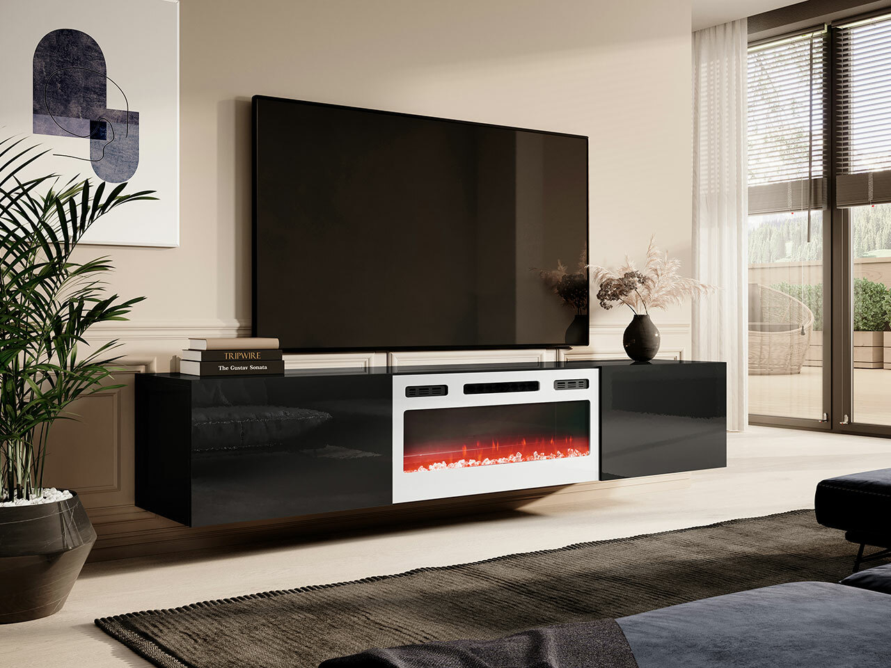 TV-meubel Charlotte 162 (Zwart + Glanzend zwart)