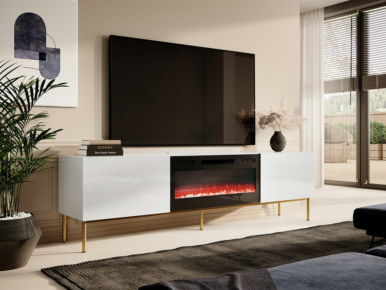 TV-meubel Charlotte 163 (Wit + Glanzend wit + Gouden)