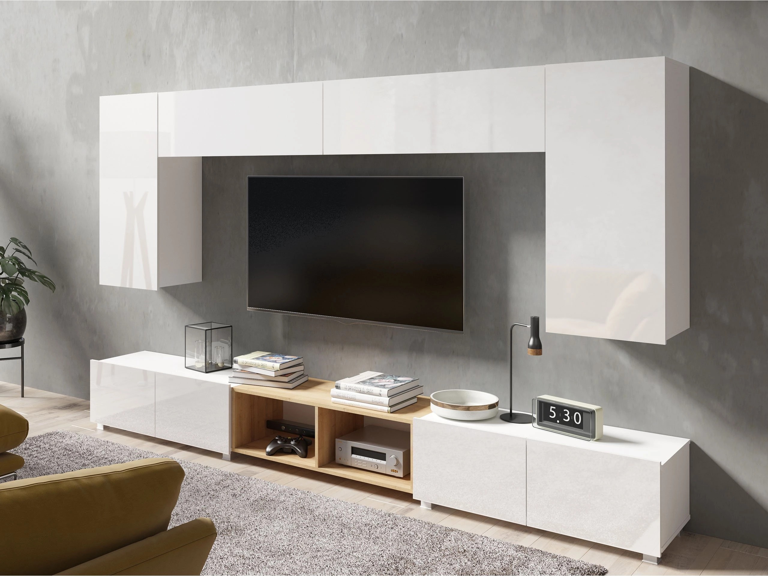 Woonkamerset Tivdalu 143 (Wit + Glanzend wit + Gouden eik)