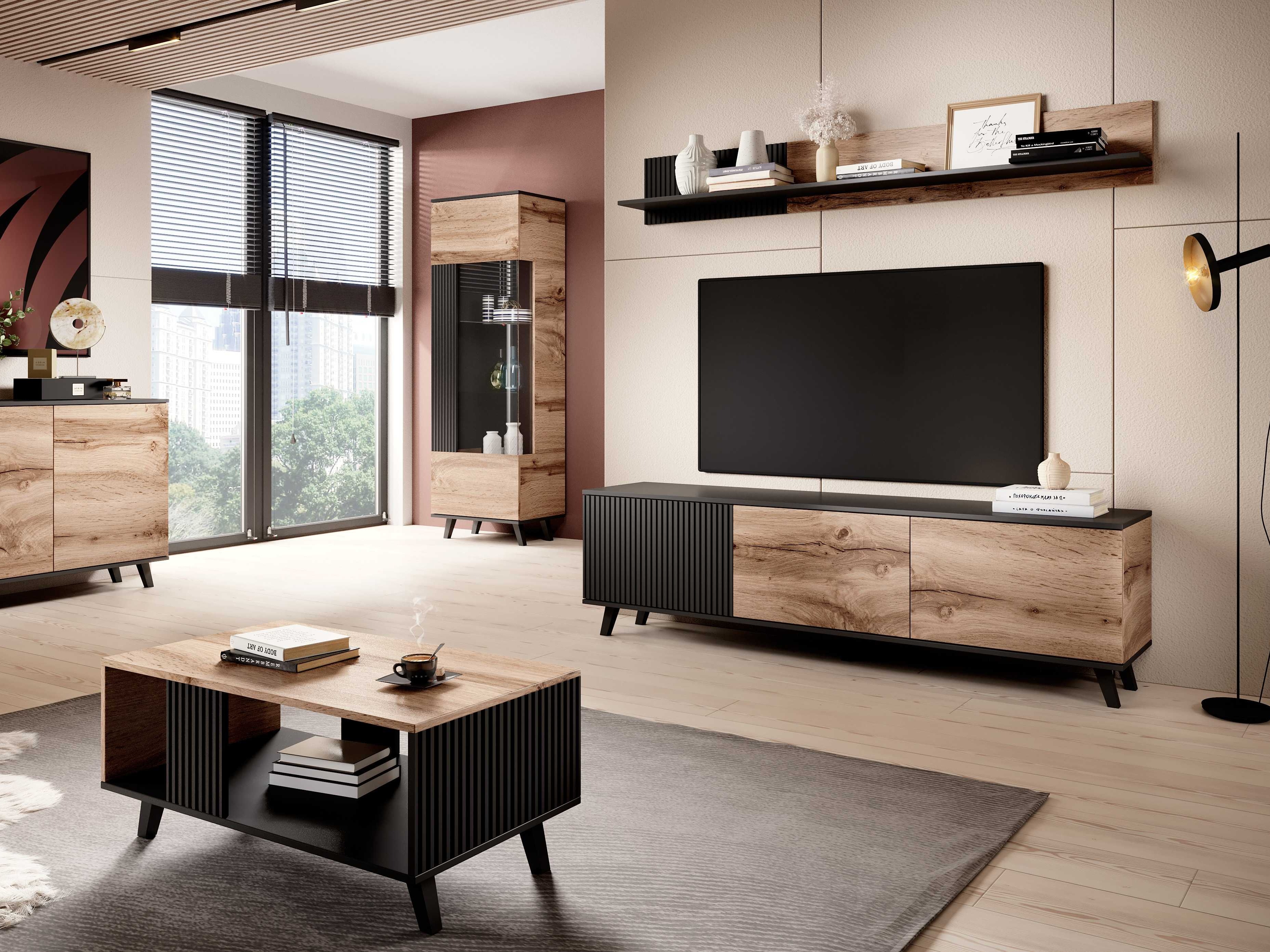 Wandplank Luelia 122 (Zwart + Wotan eik)