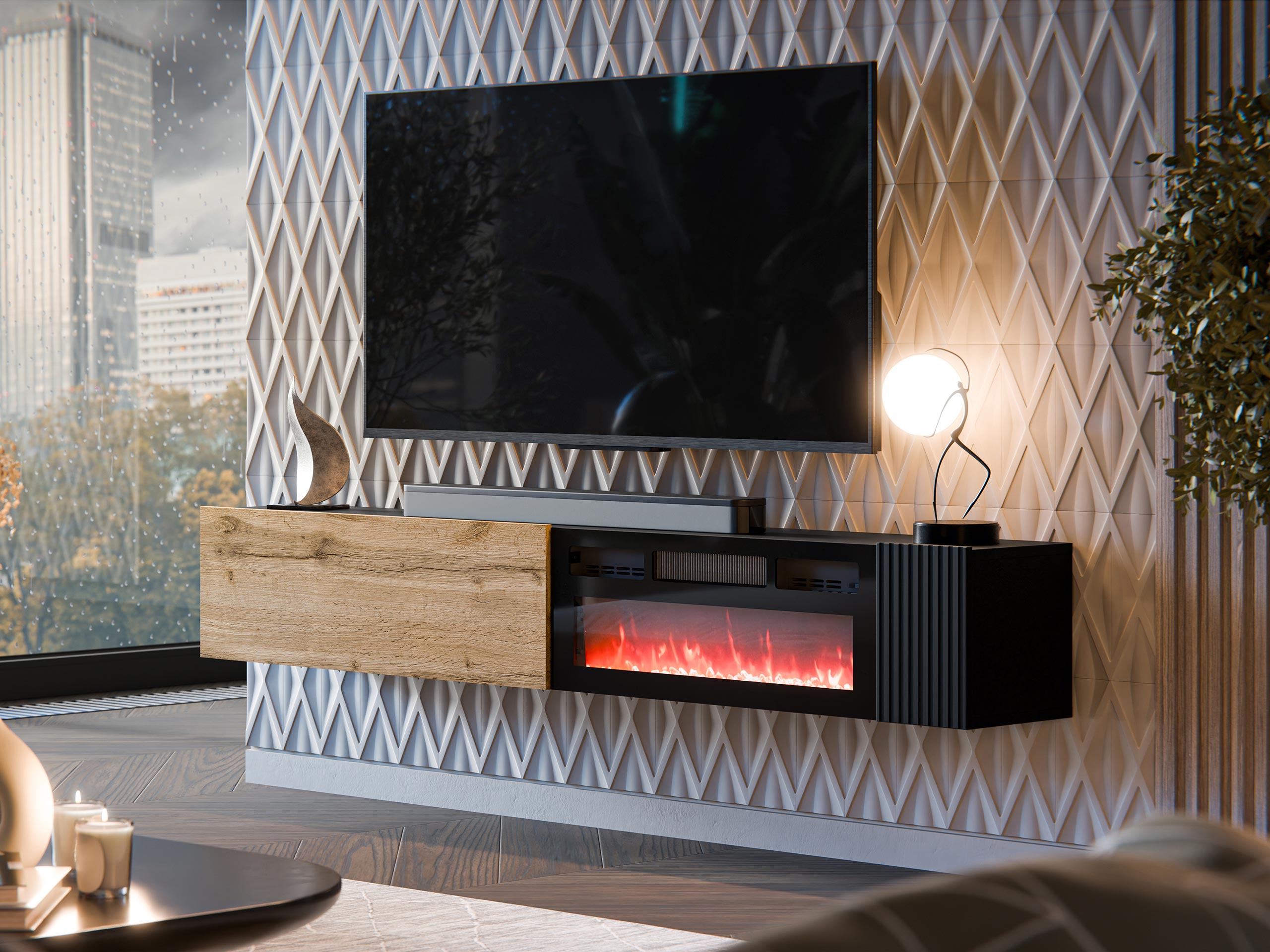 TV-meubel Calveru 110 (Wotan eik + Zwart)