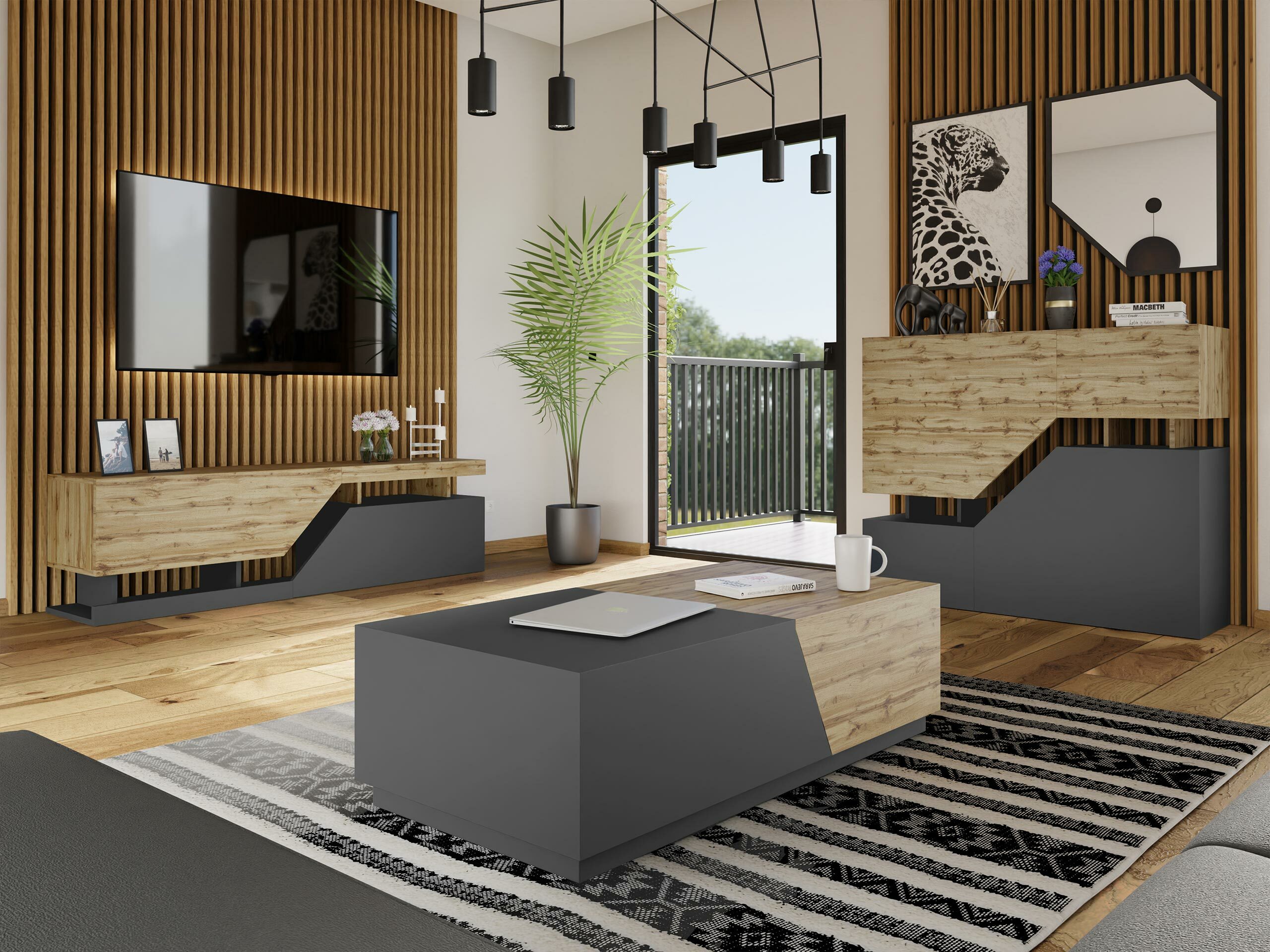 Woonkamerset Comfivo Daldune 103 (Wotan eik + Antraciet)