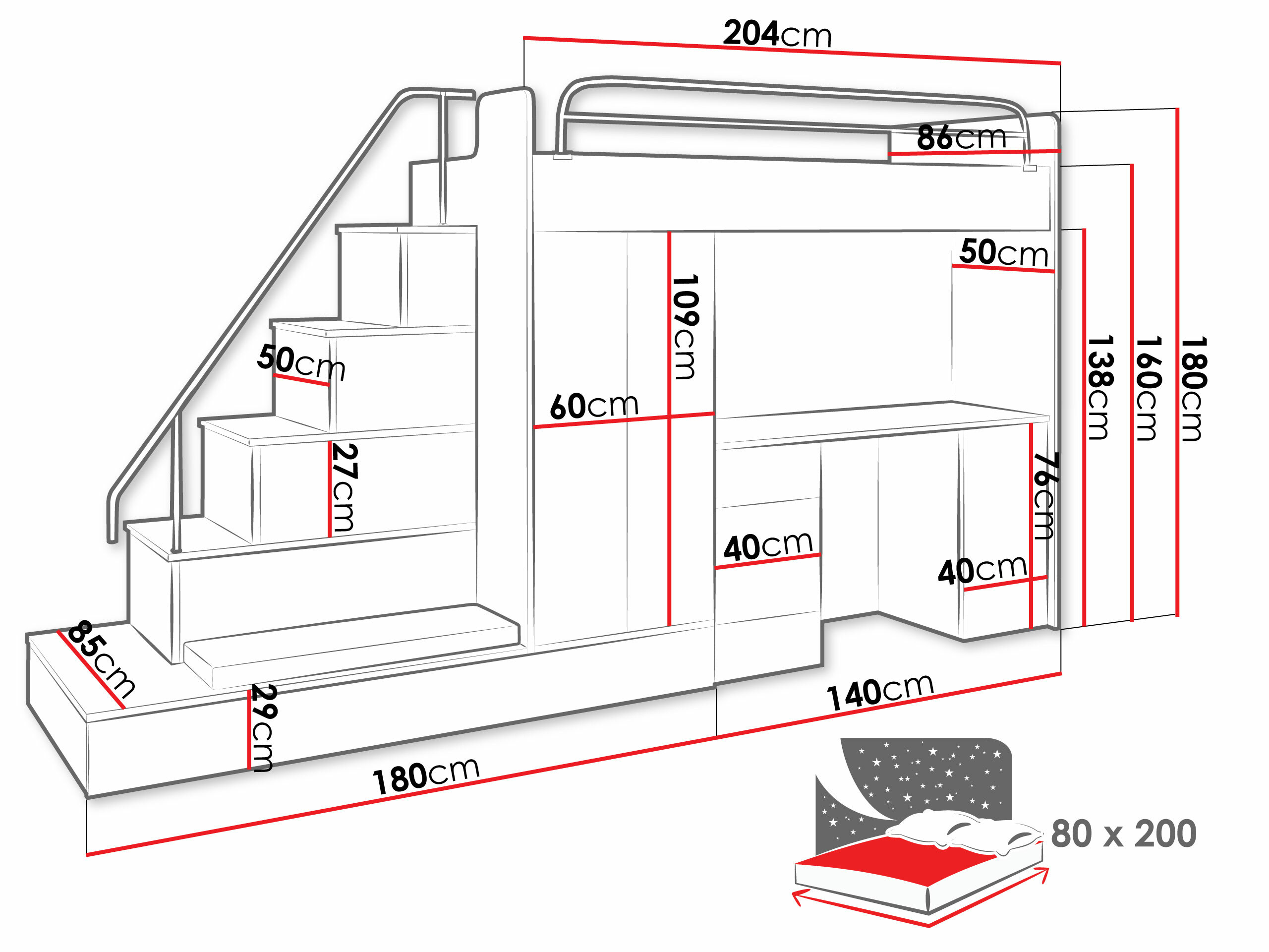 De reeks van de kinderkamer Campus I (Wit + Glanzend wit + Grijs met glans)