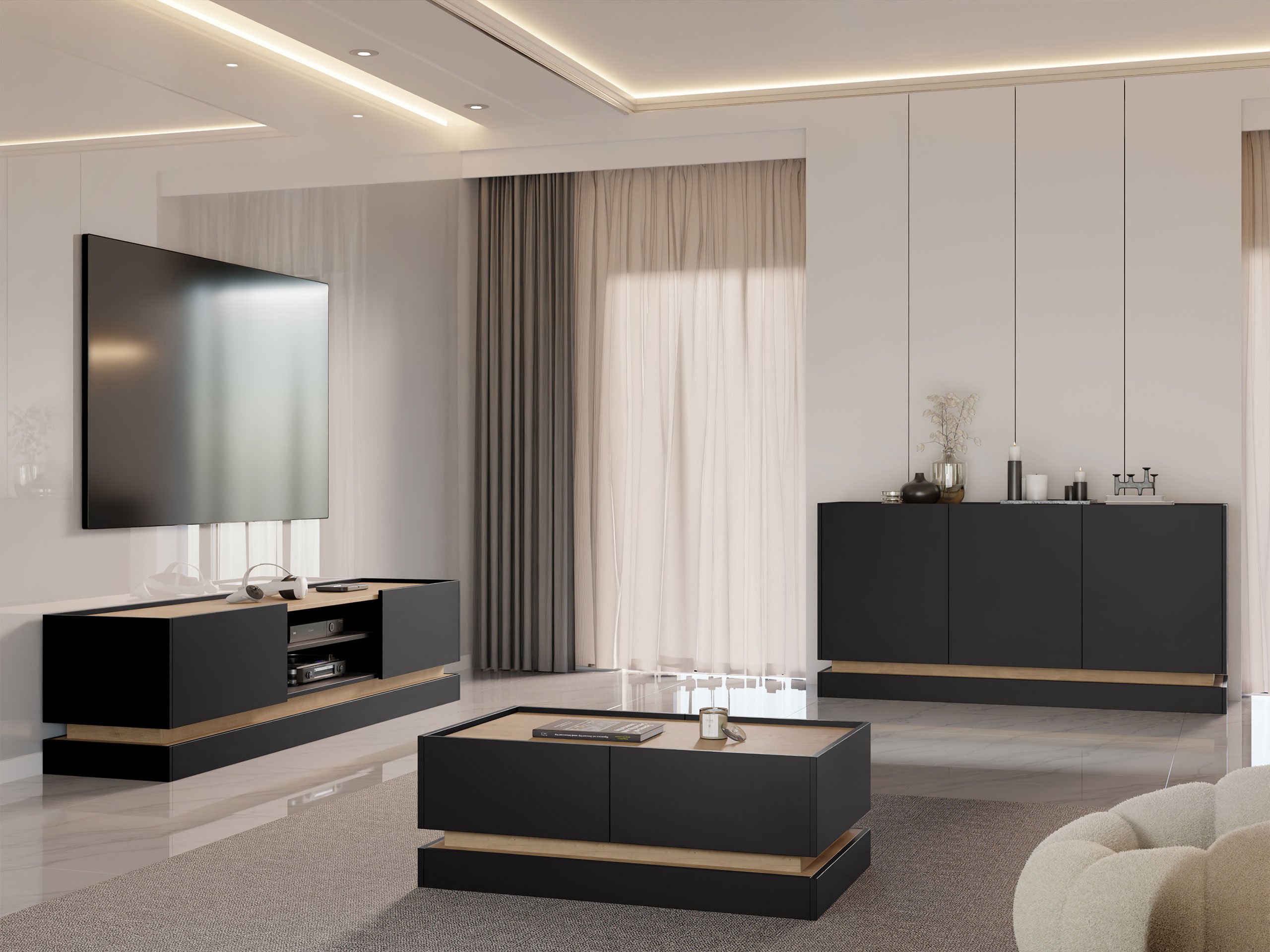 Woonkamerset Comfivo Dalvenu 104 (Zwart + Eiken)