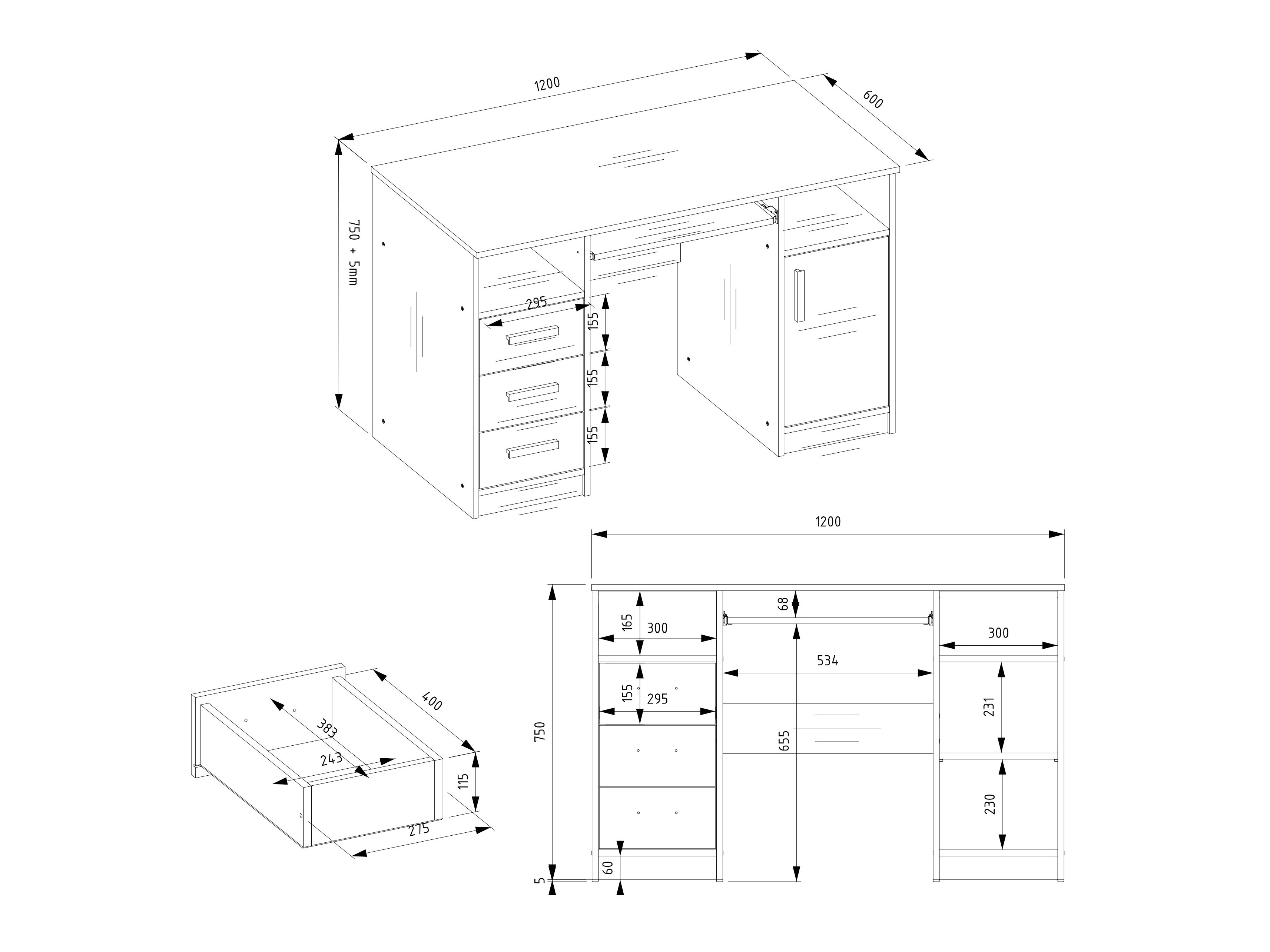 Bureau Mandeville 330 (Antraciet + Wit)