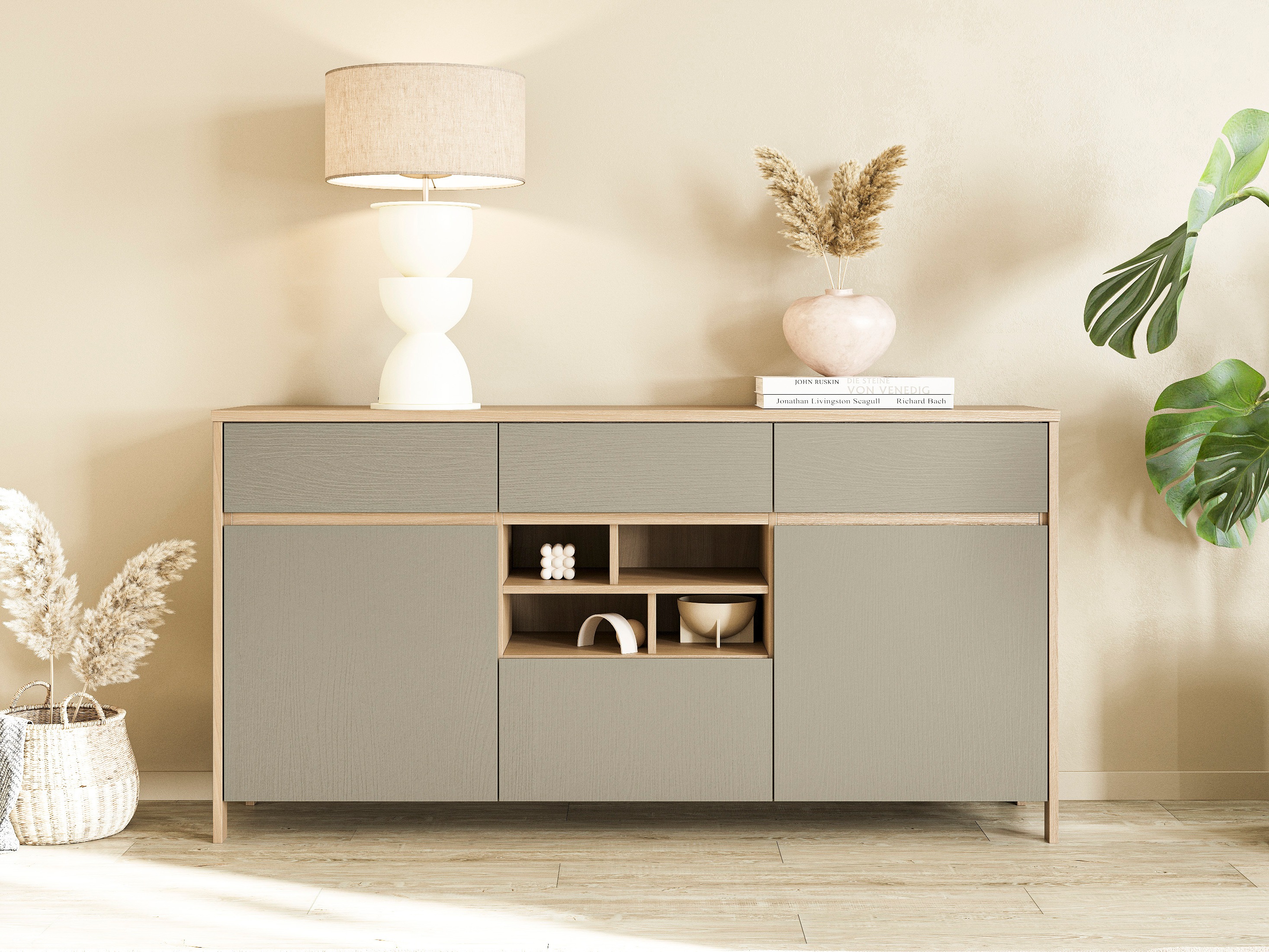 Ladekast Fermaru 104 (Stoffig groen + Eiken)