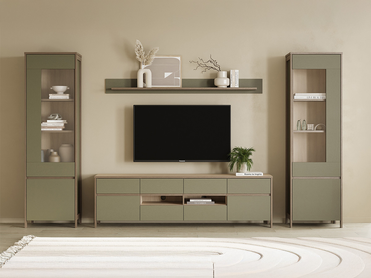 Woonkamerset Fermaru 111 (Stoffig groen + Eiken)