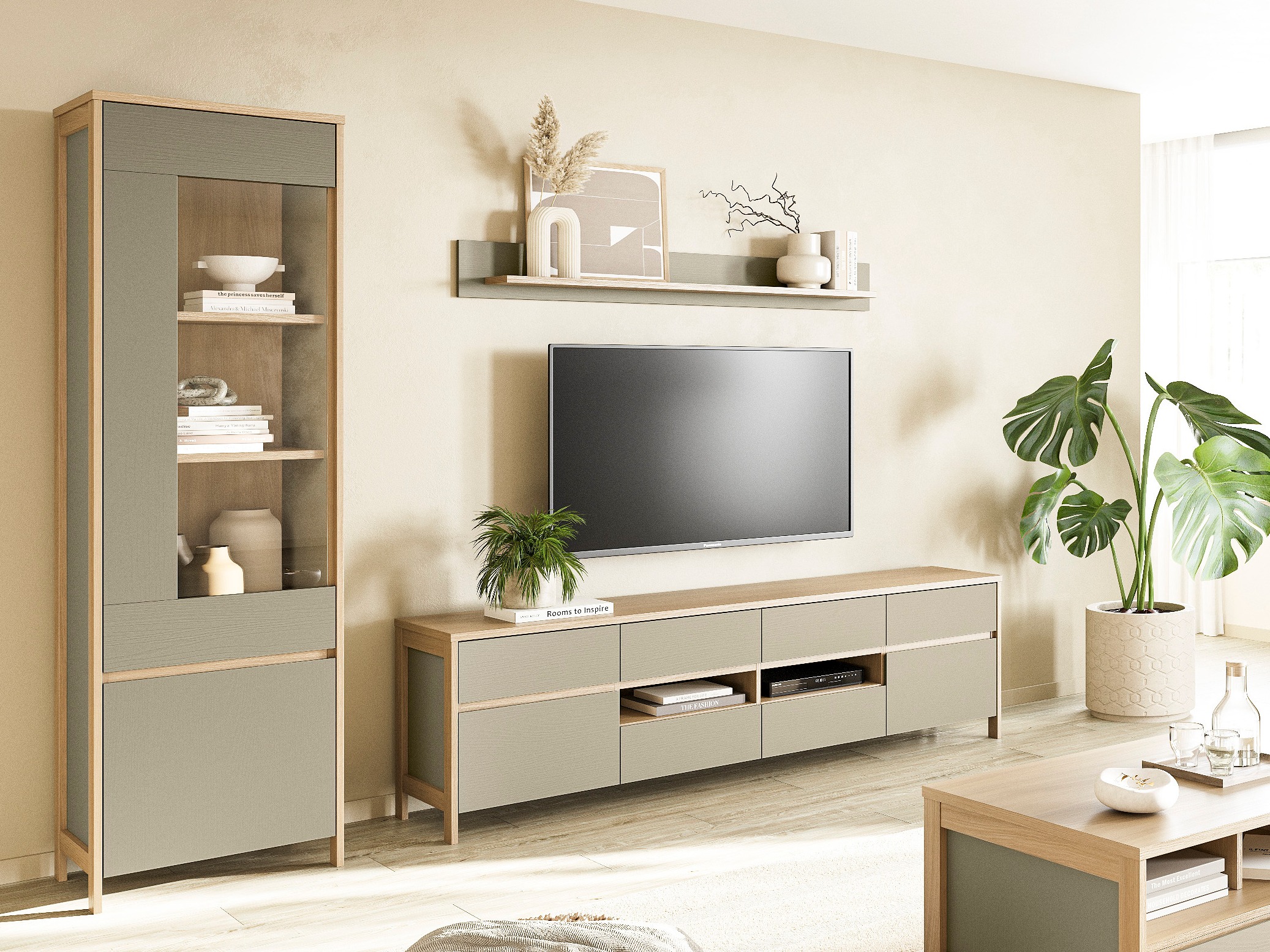 Woonkamerset Fermaru 113 (Stoffig groen + Eiken)