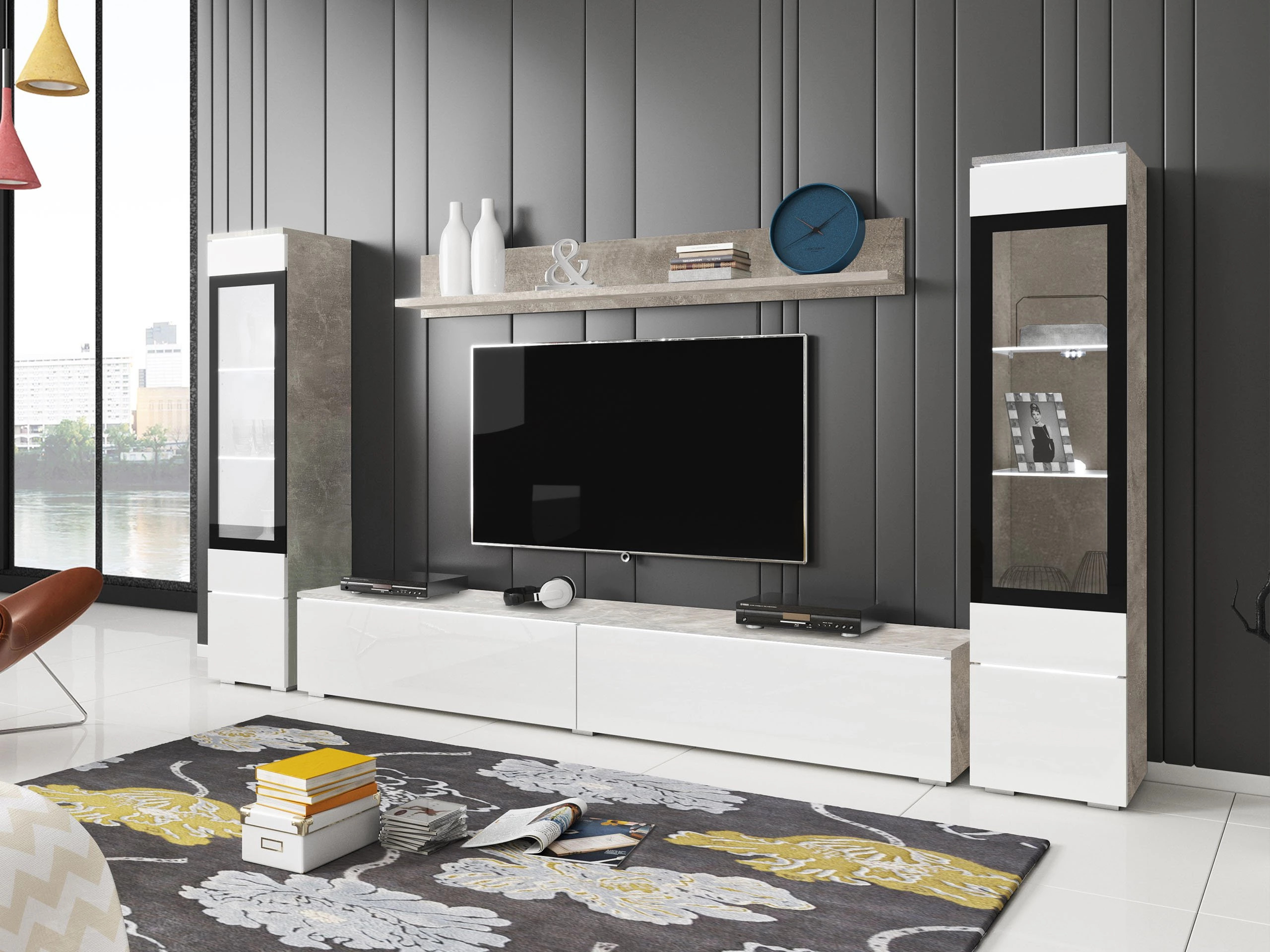 Woonkamerset Sarasota 126 (Beton + Glanzend wit)