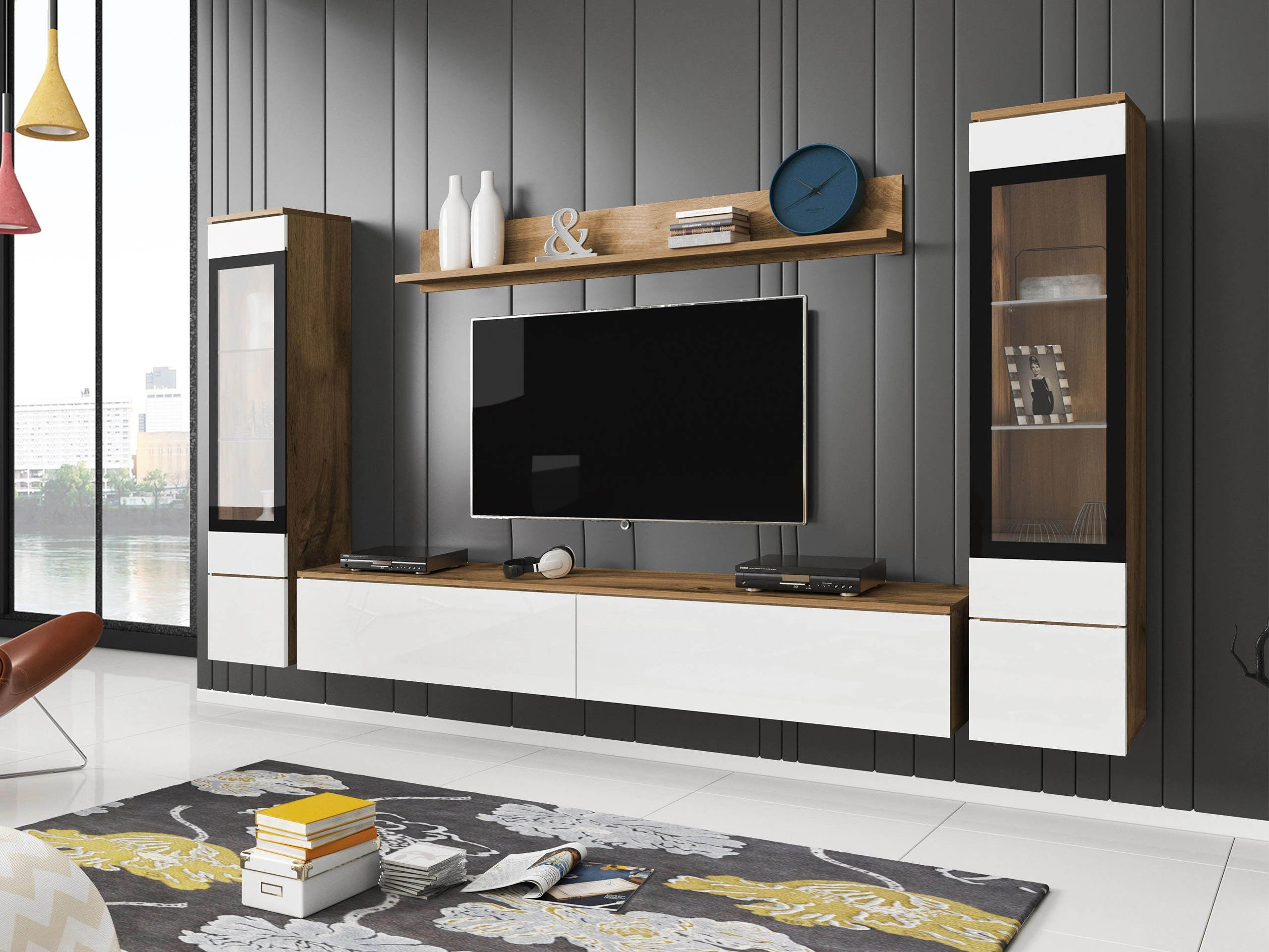 Woonkamerset Sarasota 126 (Wotan eik + Glanzend wit)