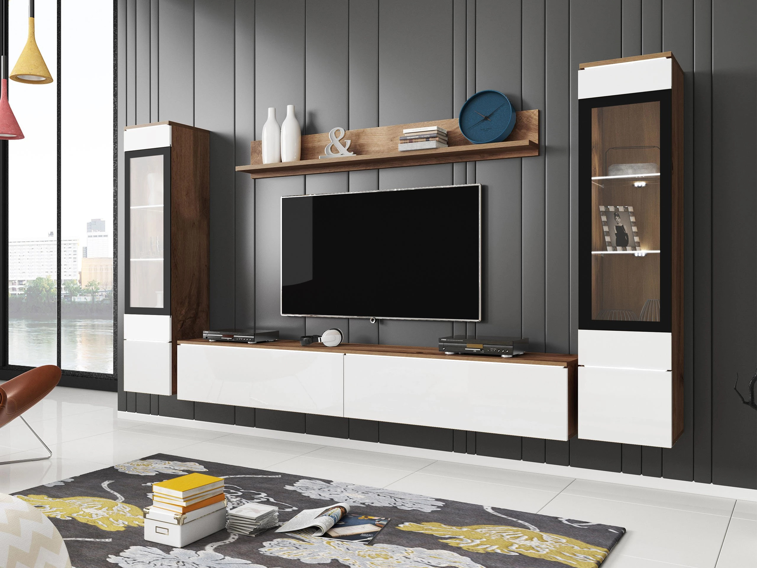 Woonkamerset Sarasota 126 (Wotan eik + Glanzend wit)