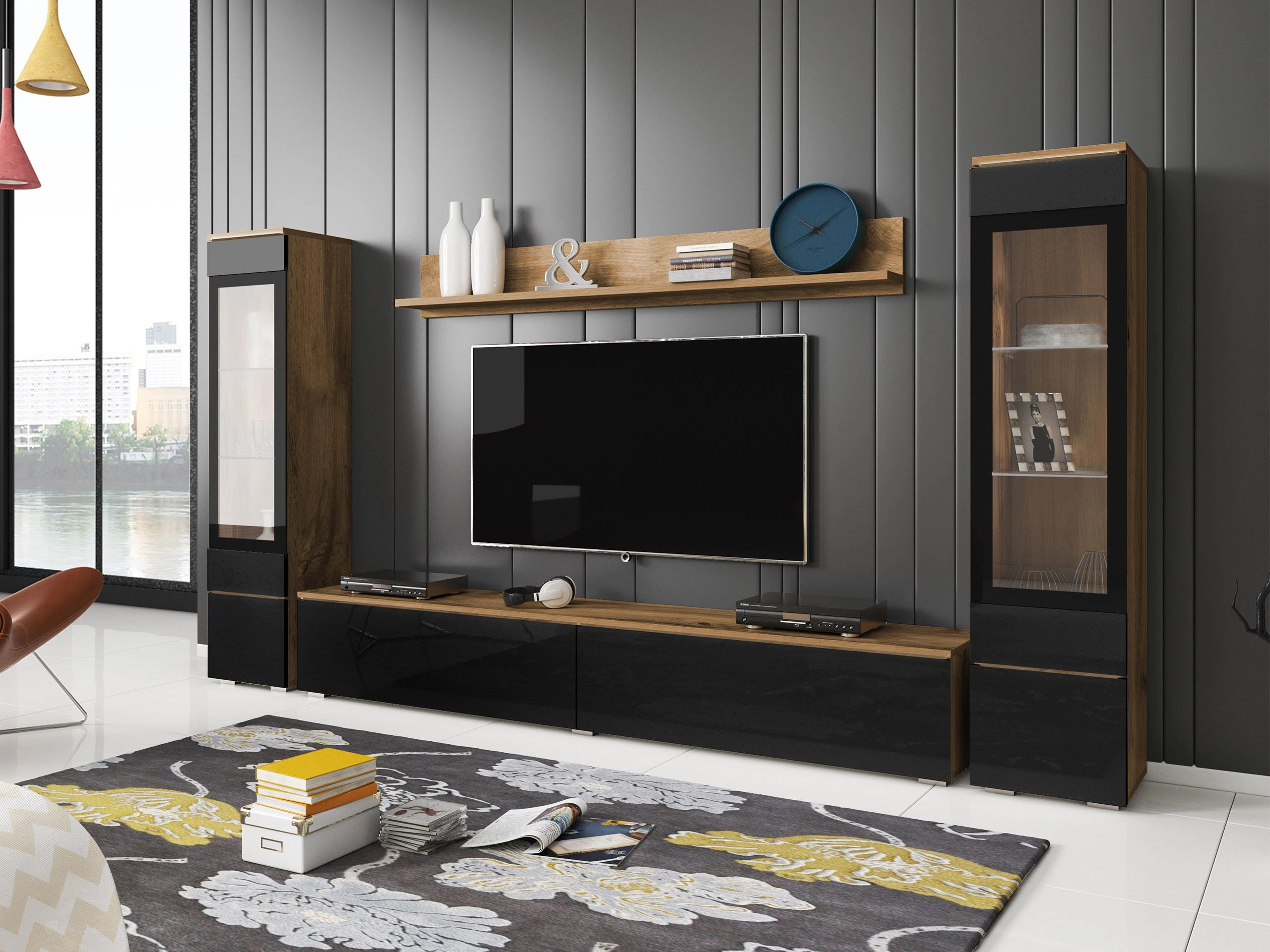 Woonkamerset Sarasota 126 (Wotan eik + Glanzend zwart)