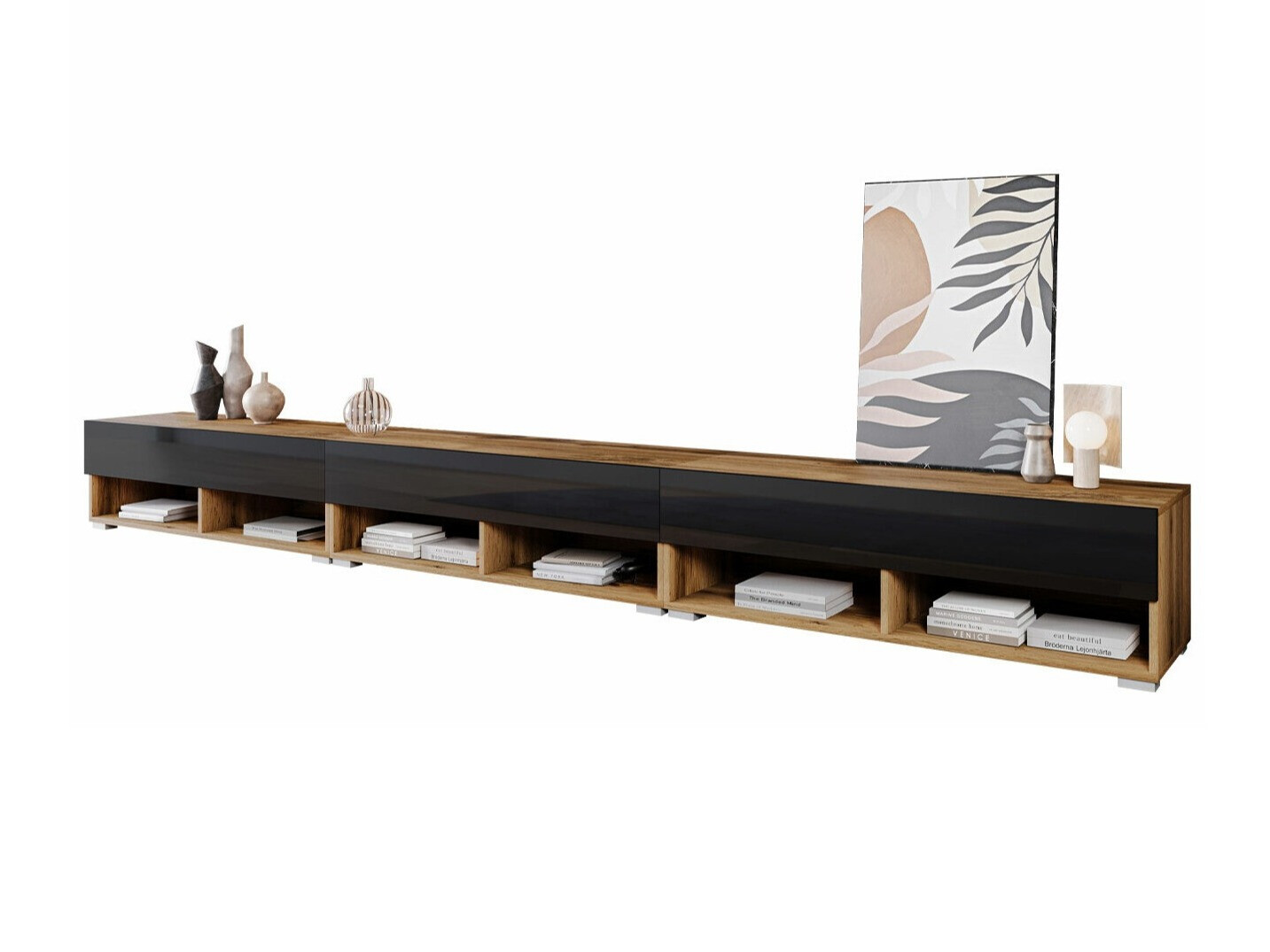 TV-meubel Sarasota 144 (Wotan eik + Glanzend zwart)
