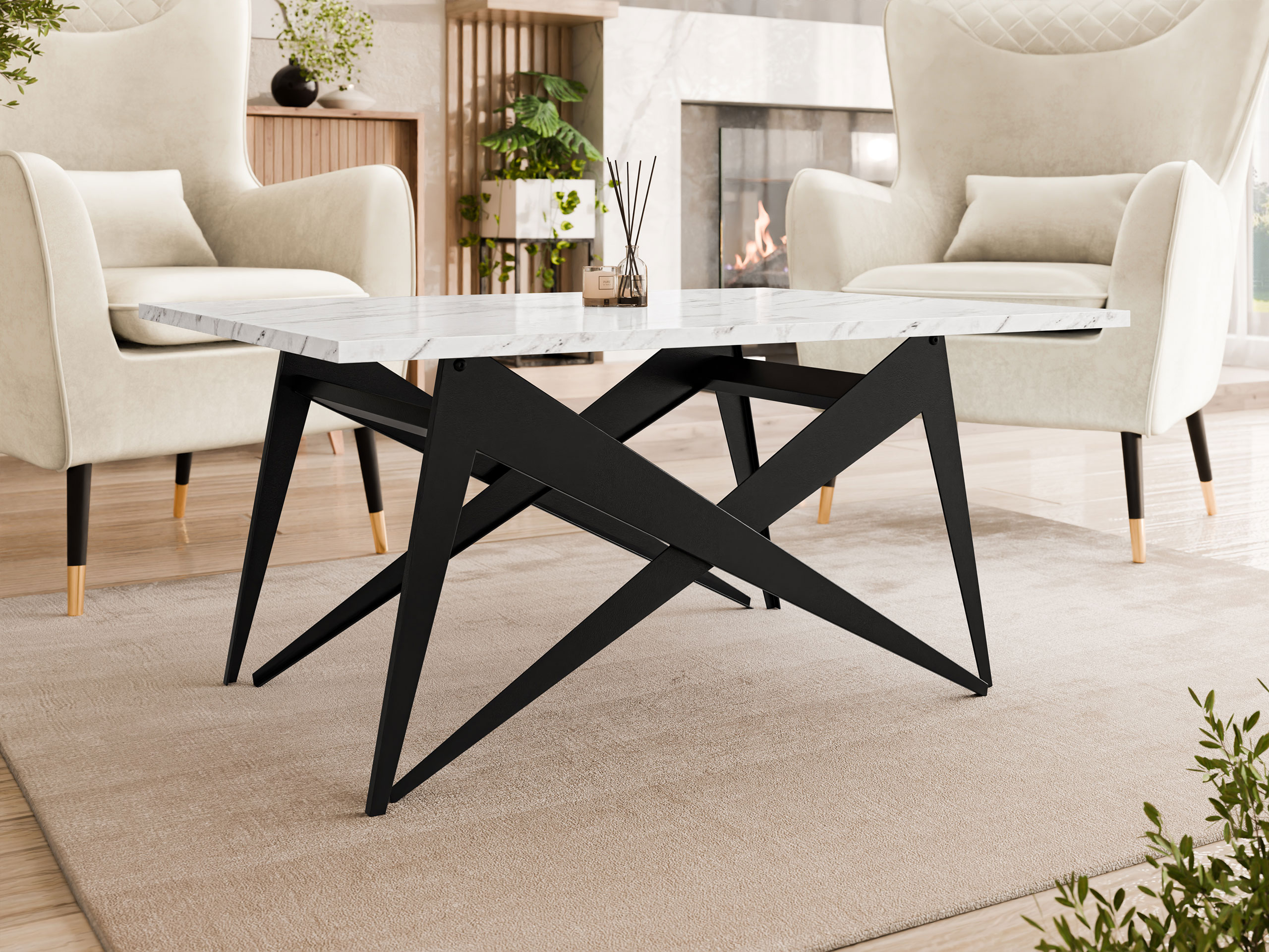 Transformeerbare salontafel Oswego 150 (Wit marmer + Zwart)