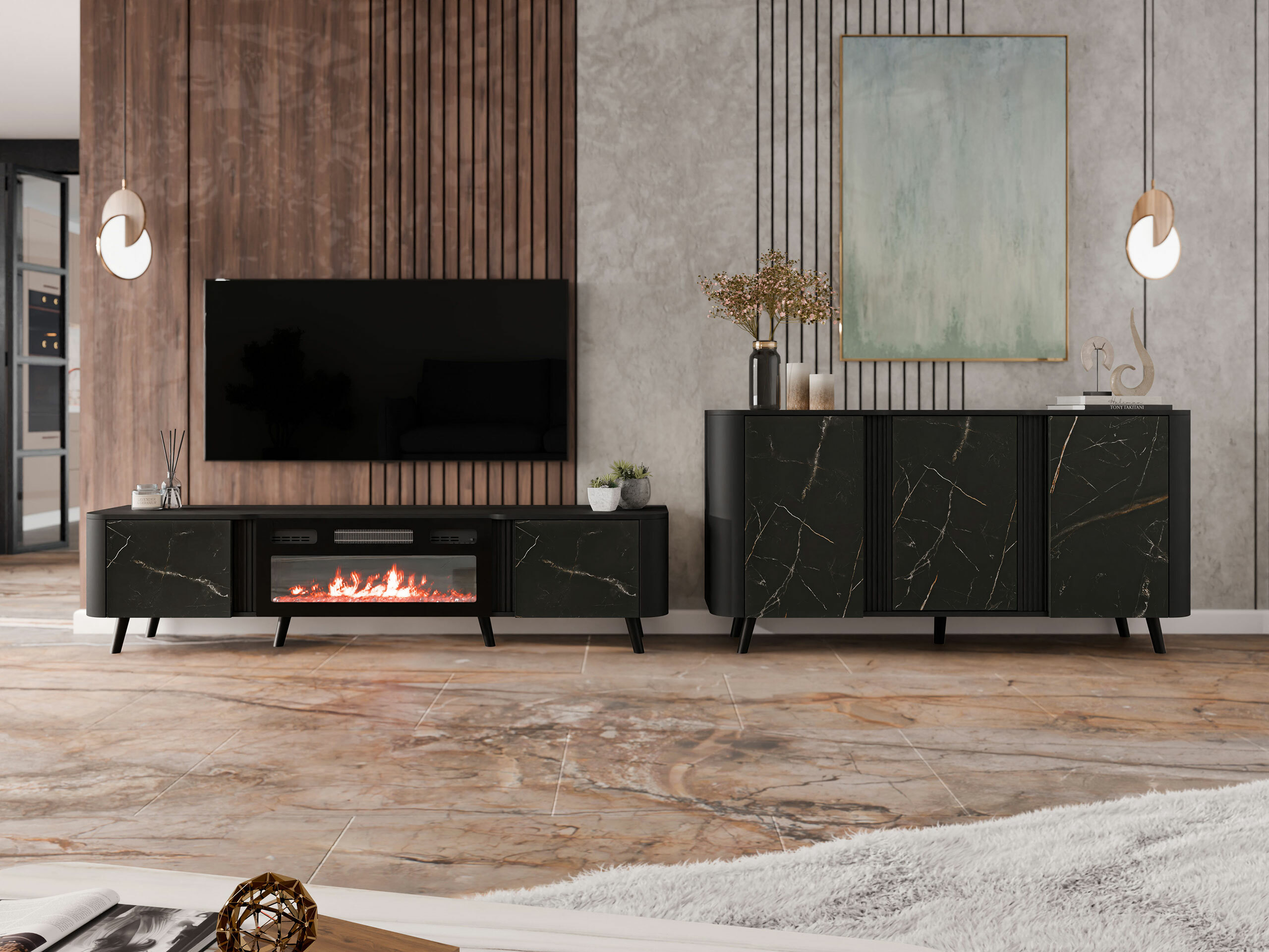 Dressoir Modus (Zwart + Zwart marmer)