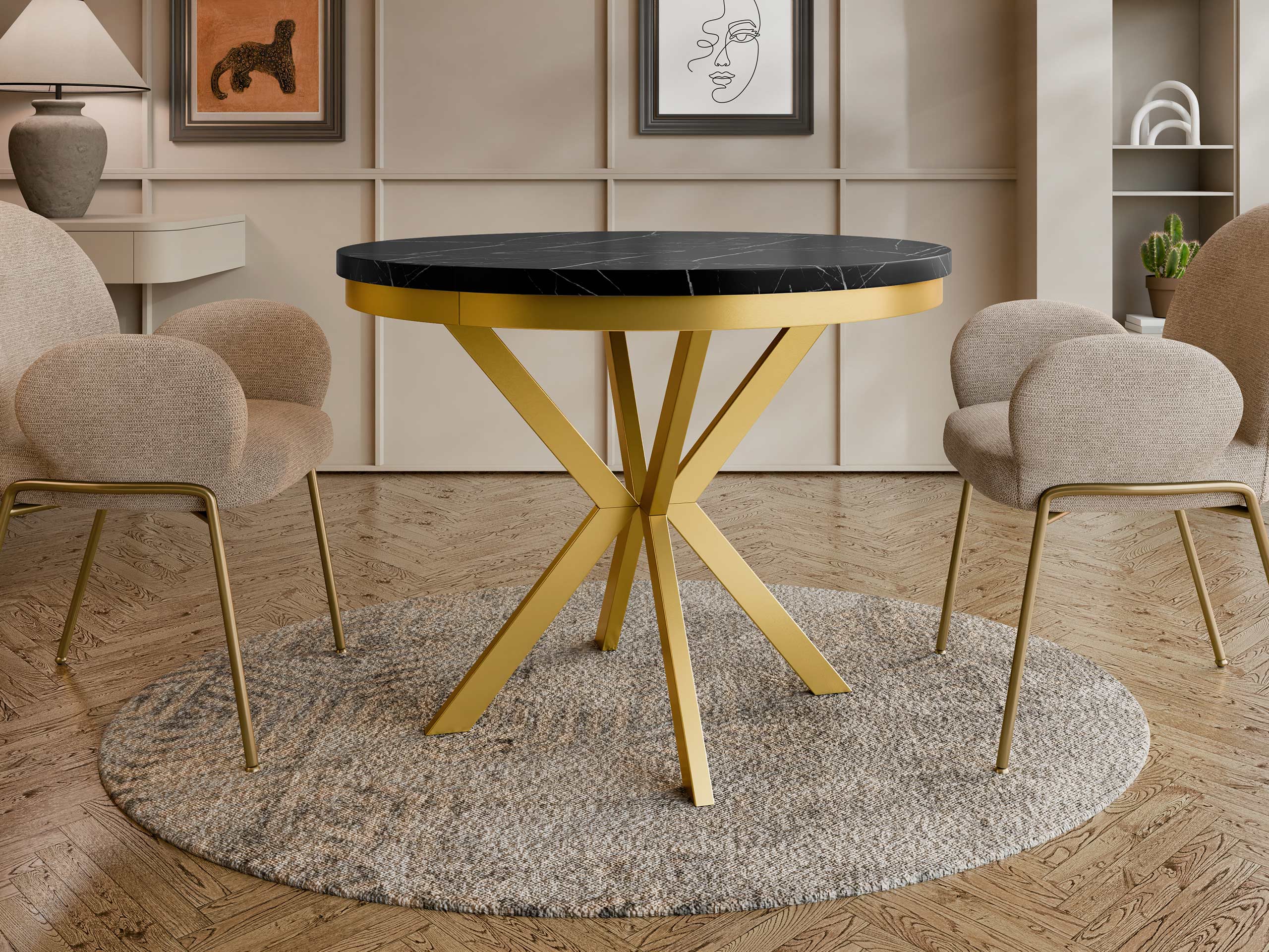 Tafel Oswego 155 (Zwart marmer + Gouden)