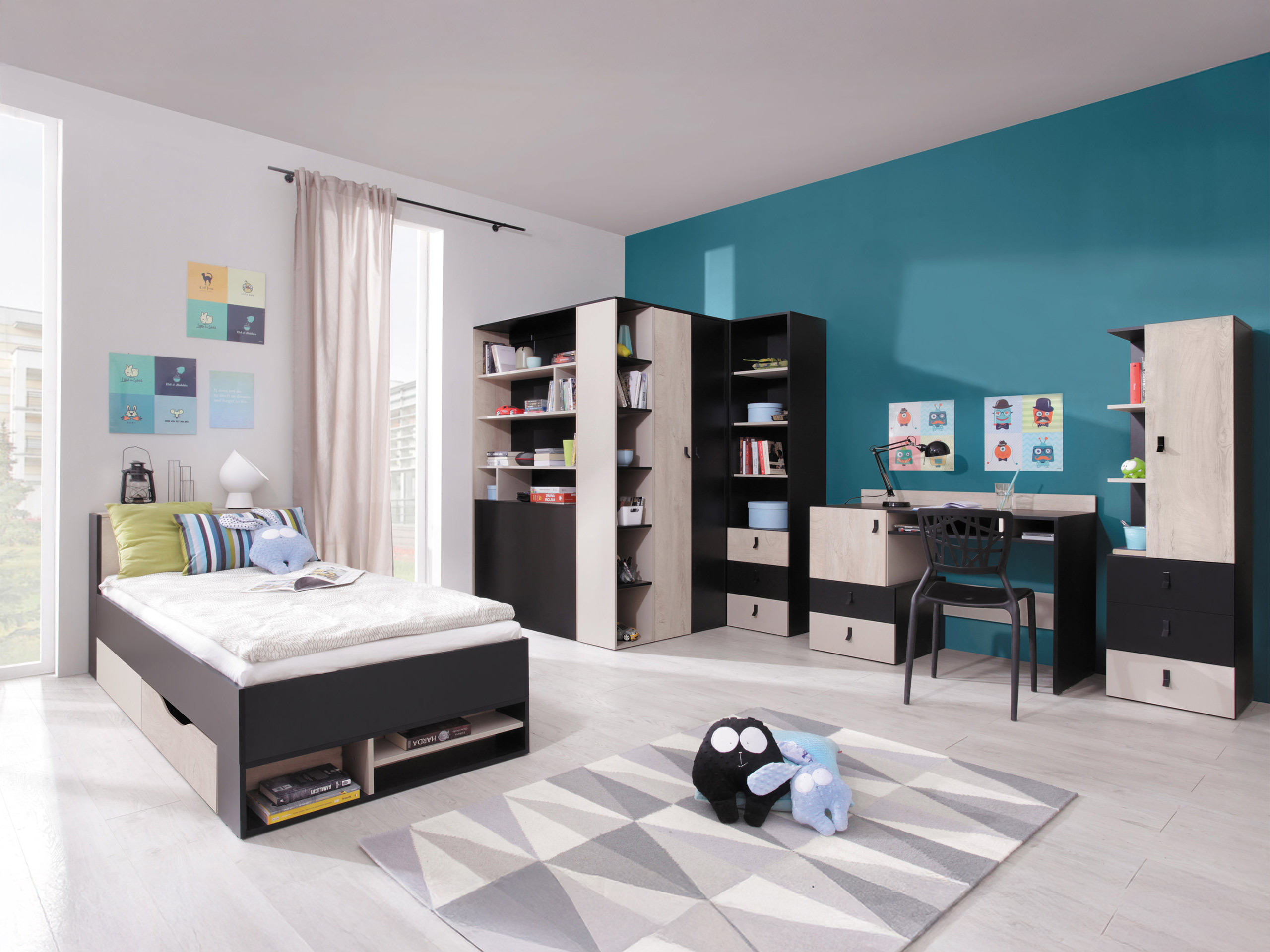 Boekenkast Camteso 103 (Zwart + Eiken + Beige)