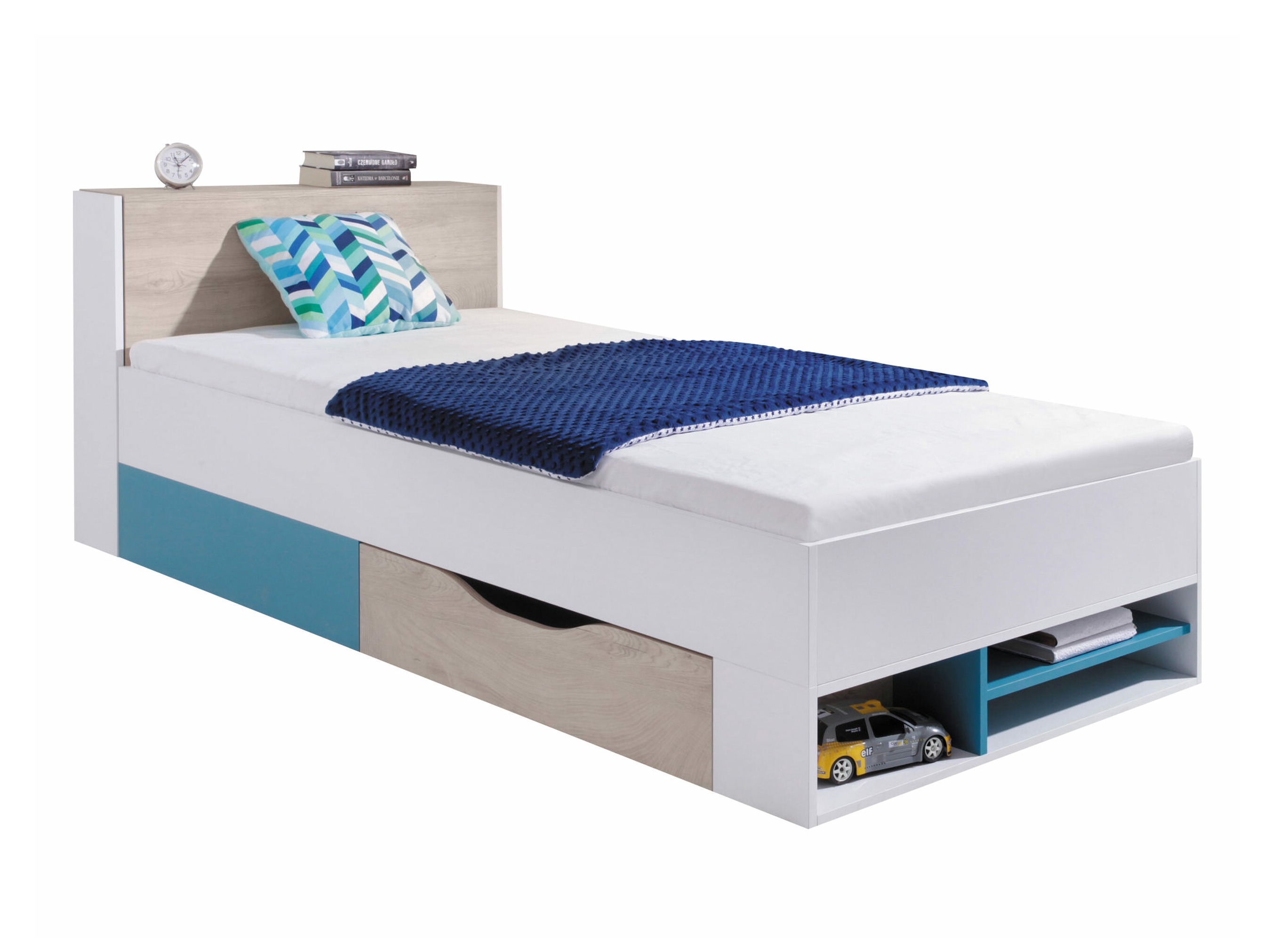 Bed Camteso 112 (Wit + Eiken + Turquoise)