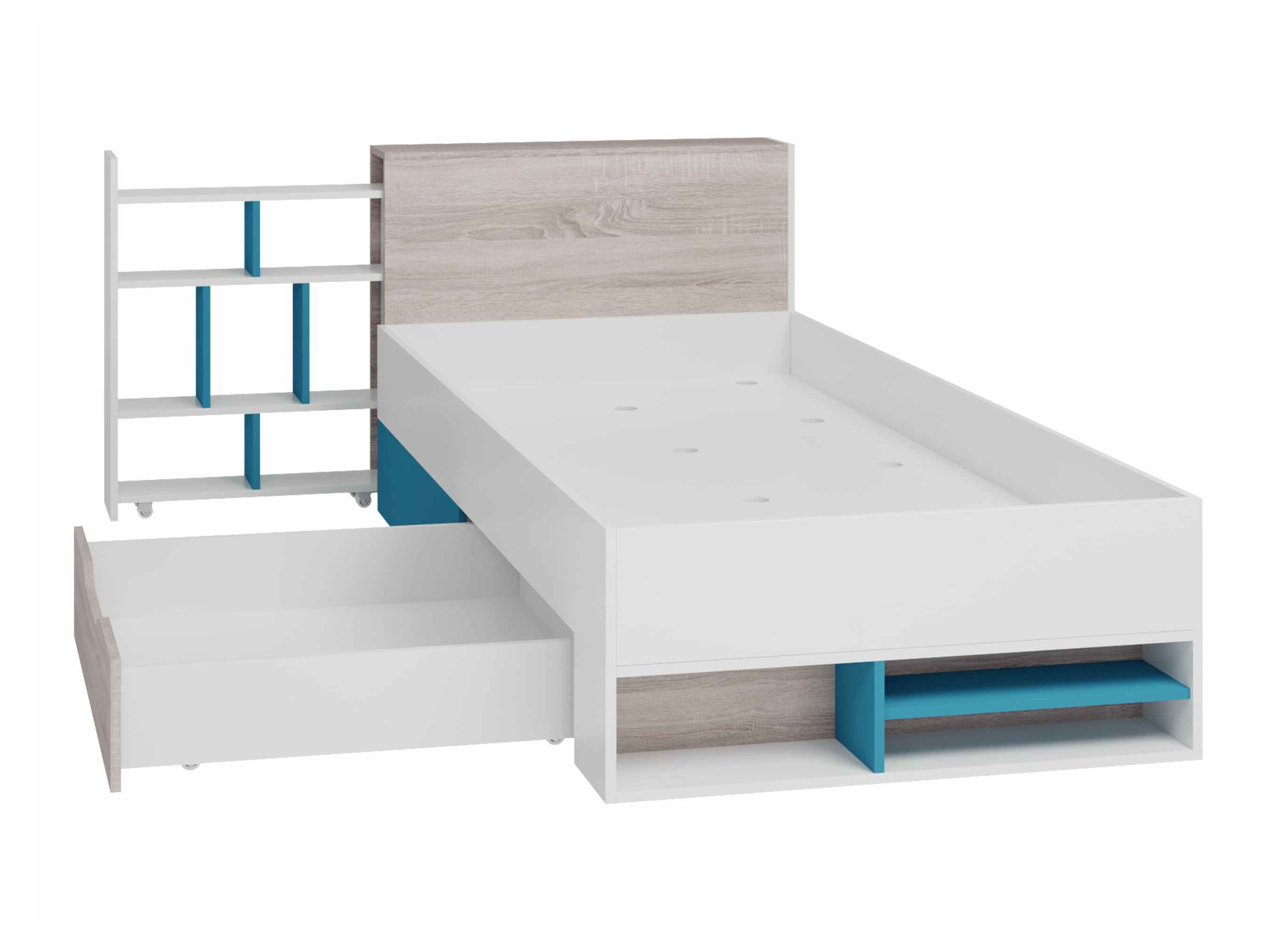 Bed Camteso 112 (Wit + Eiken + Turquoise)