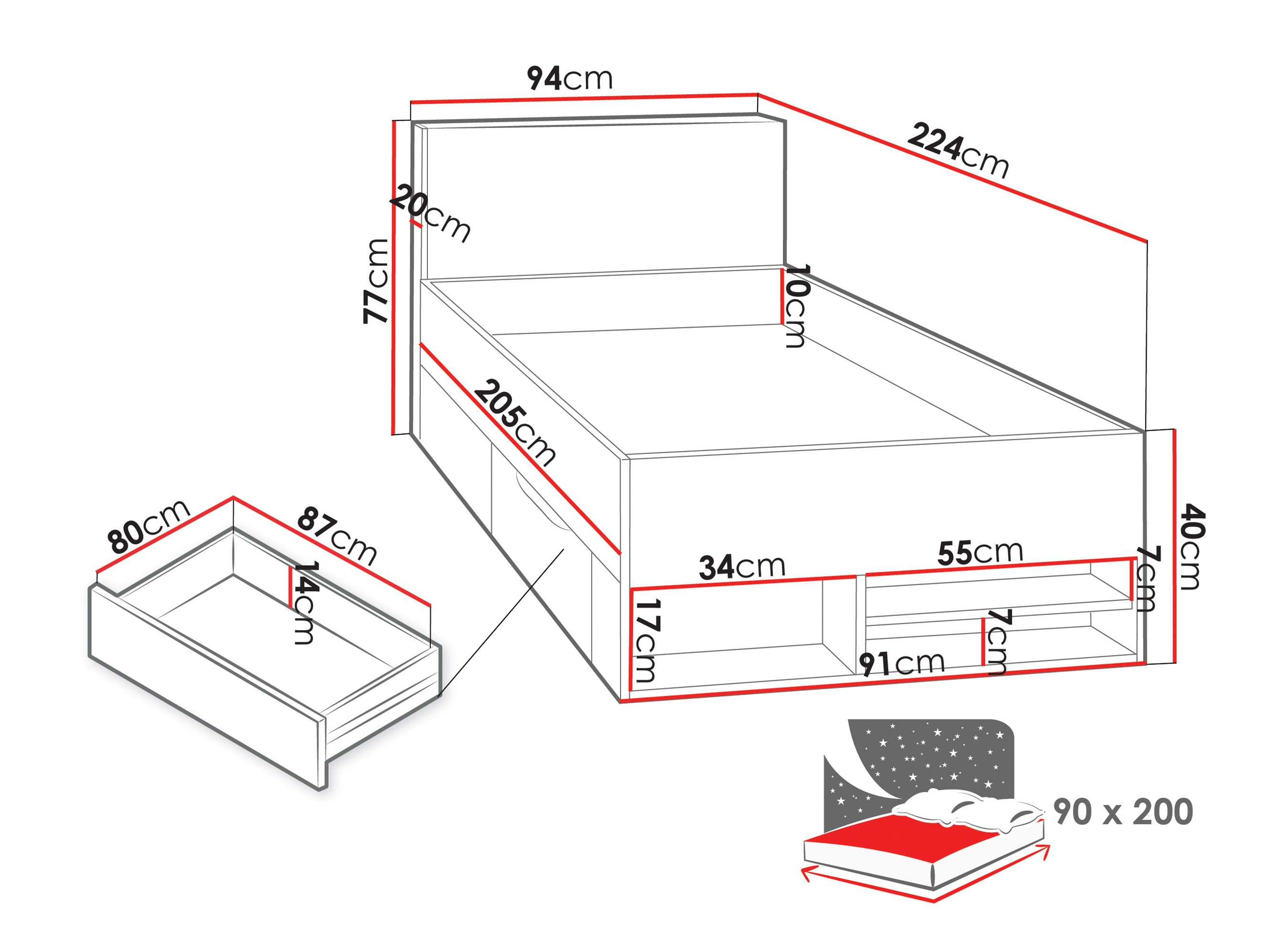 Bed Camteso 112 (Wit + Eiken + Turquoise)