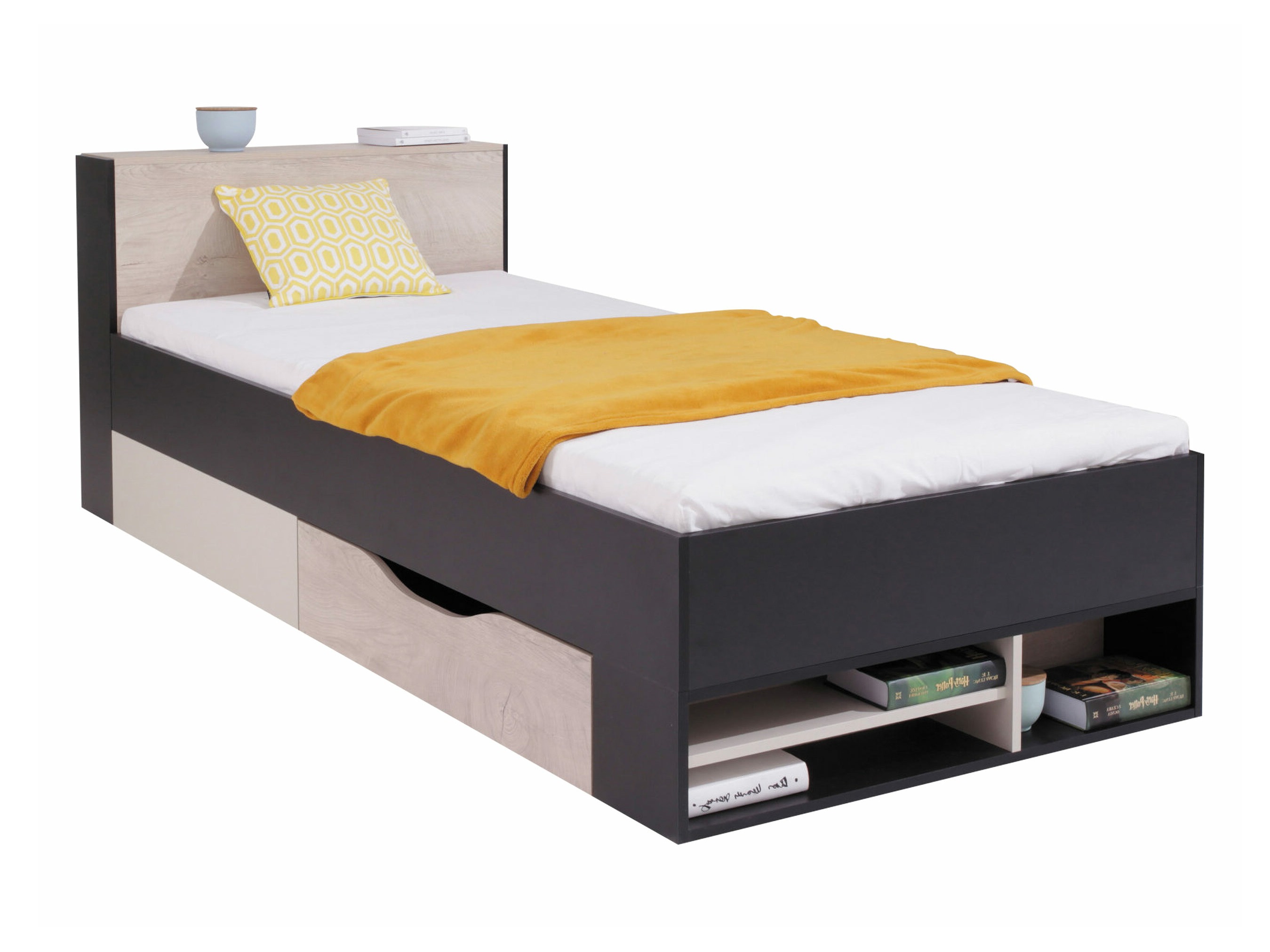 Bed Camteso 112 (Zwart + Eiken + Beige)