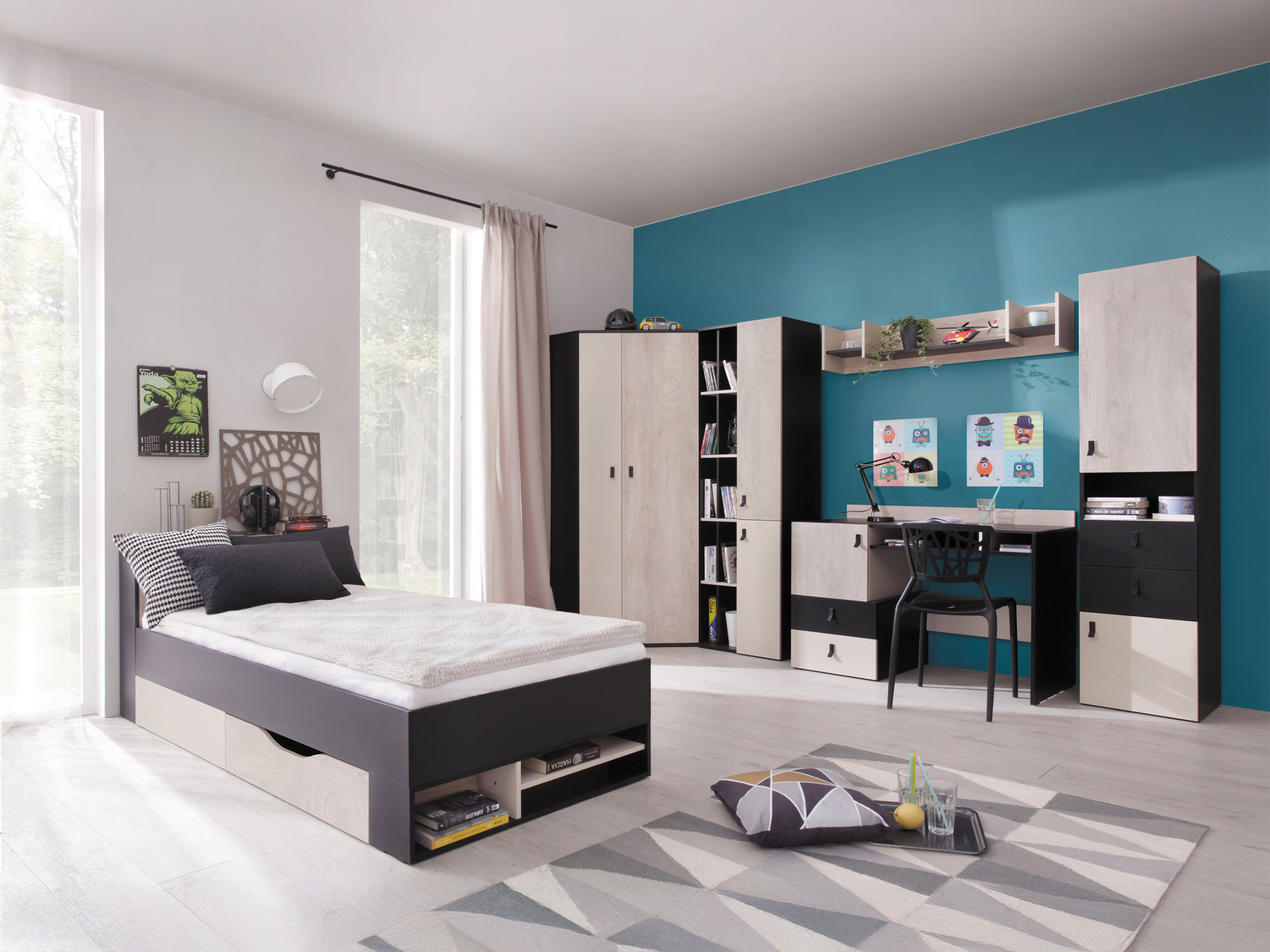 De reeks van de kinderkamer Camteso 114 (Zwart + Eiken + Beige)