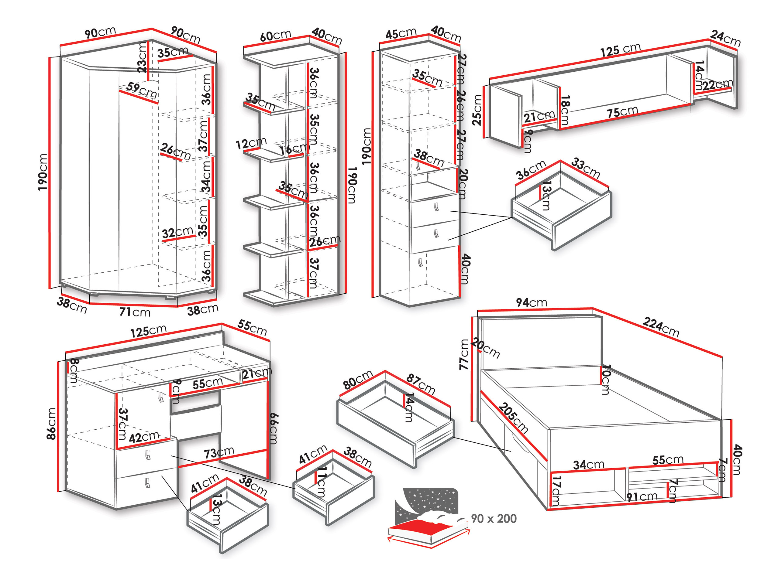 De reeks van de kinderkamer Camteso 114 (Zwart + Eiken + Beige)