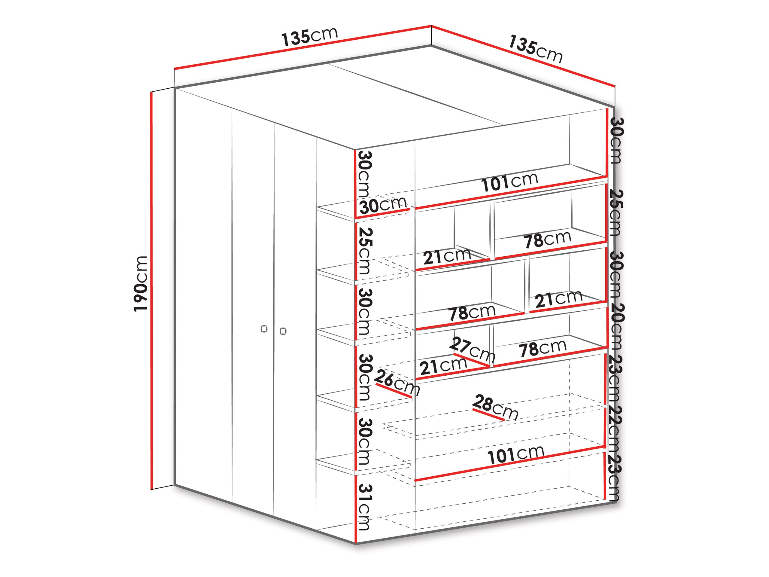 Hoekkledingkast Camteso 113 (Wit + Eiken + Turquoise)
